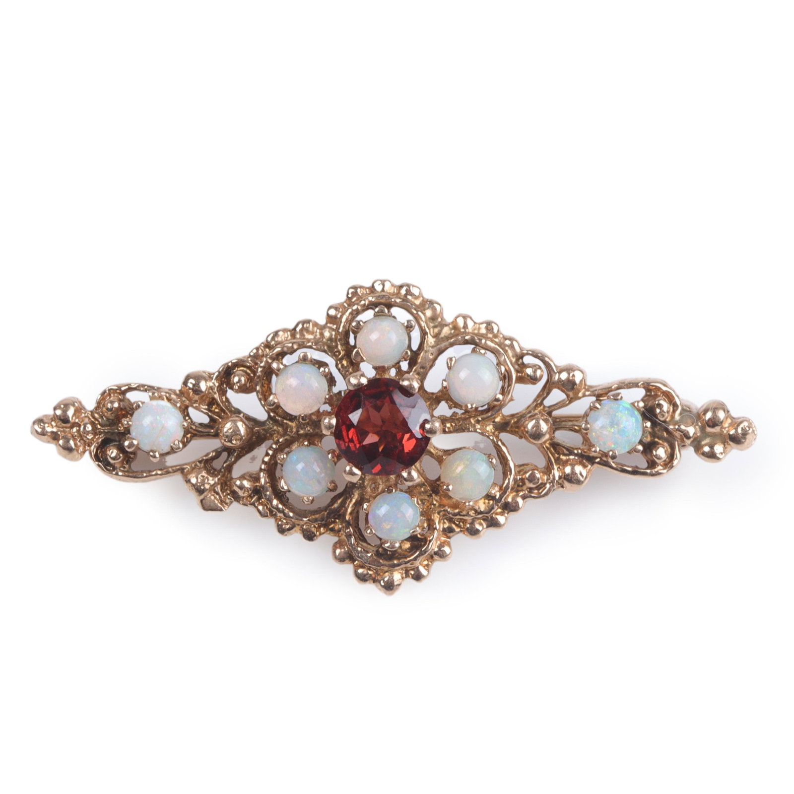 Antique Victorian Revival 14K yellow gold, opal and garnet filigree openwork pin brooch. 5/8" x 1 (1 of 4)