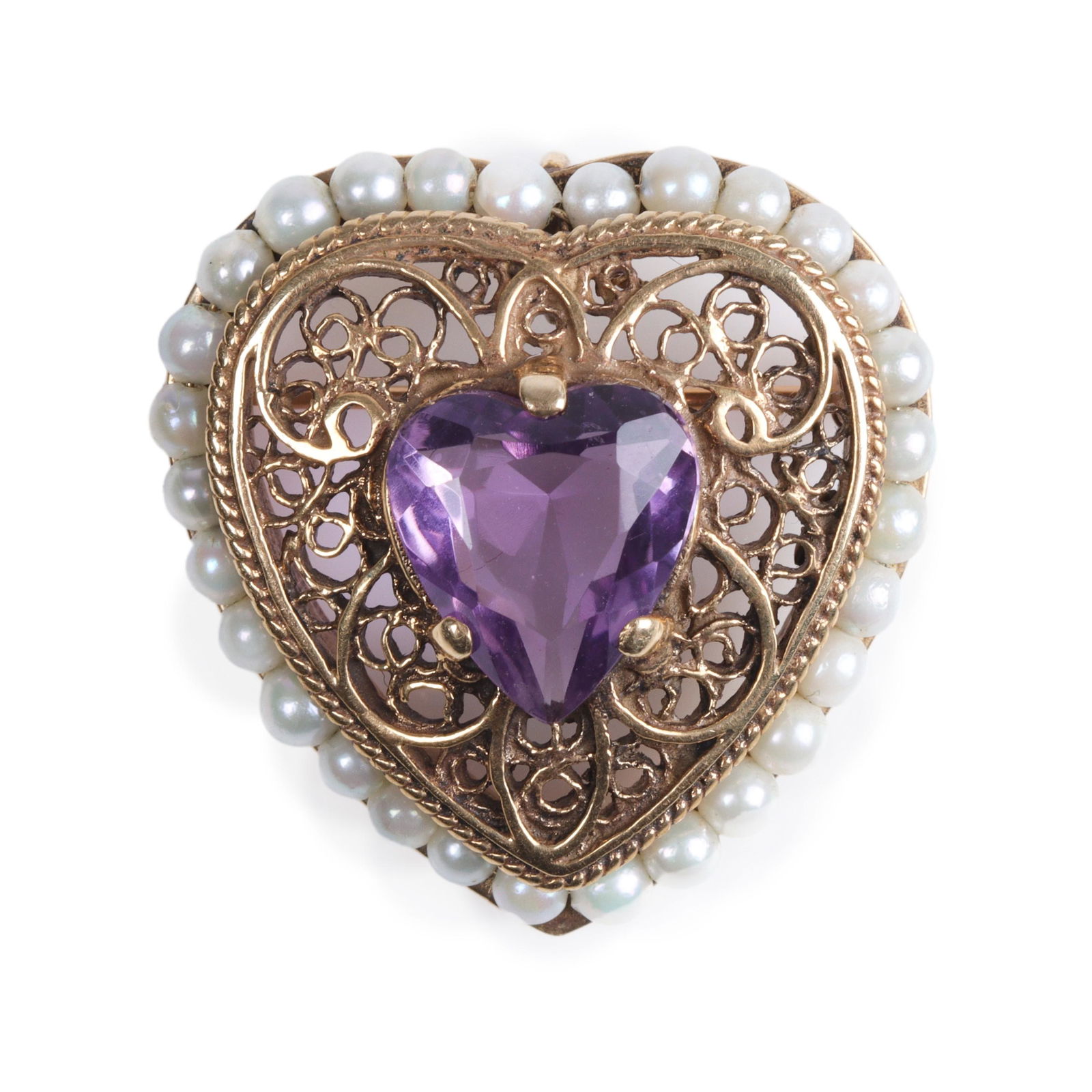 Antique Victorian / Edwardian / Belle Epoque 14K gold amethyst and seed pearl heart shaped brooch (1 of 4)