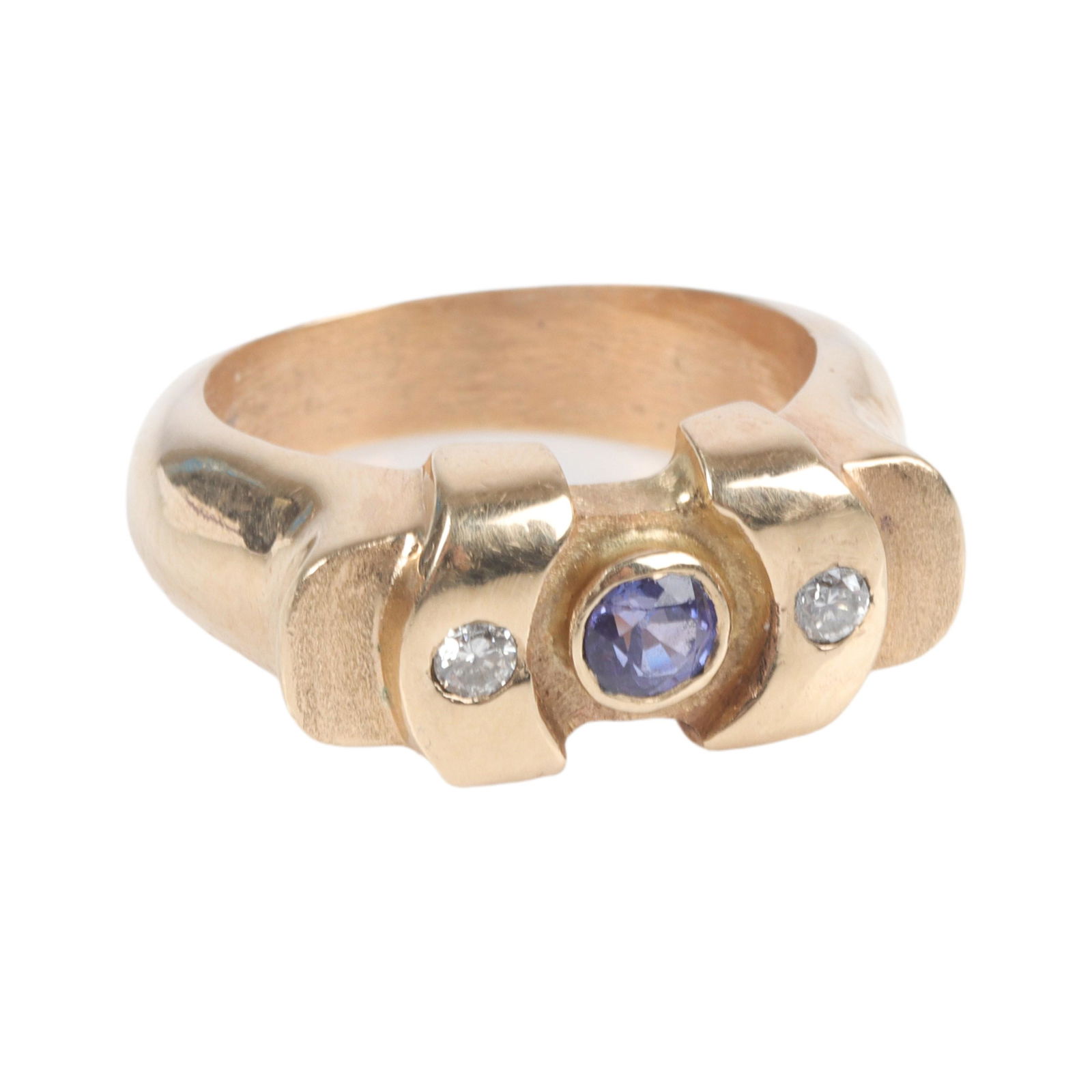 Custom designer 14K yellow gold tanzanite and diamond ring. size 7 1/4 (1 of 6)