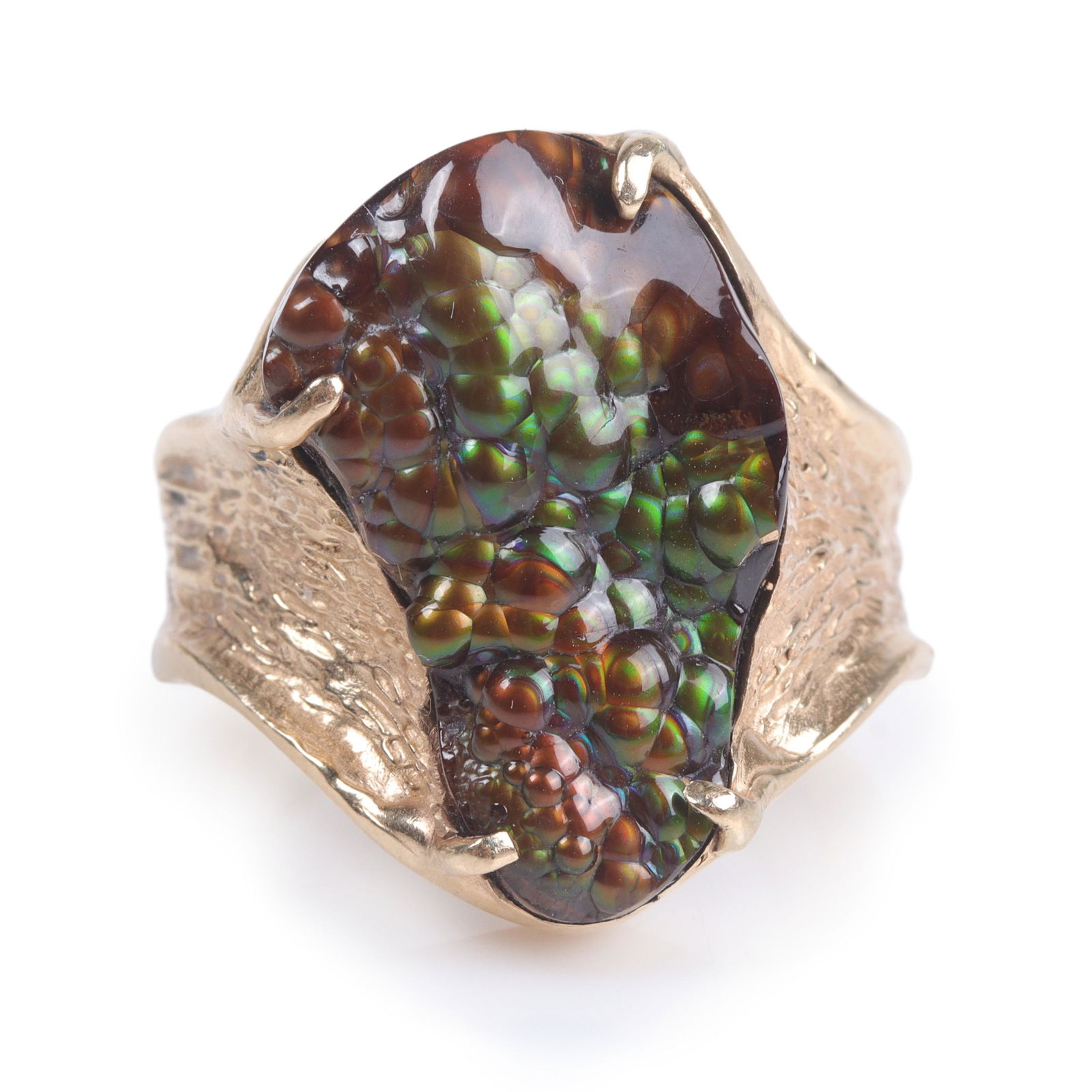 Modernist Brutalist Freeform custom designer 14K ring with fire agate gemstone boulder (1 of 6)