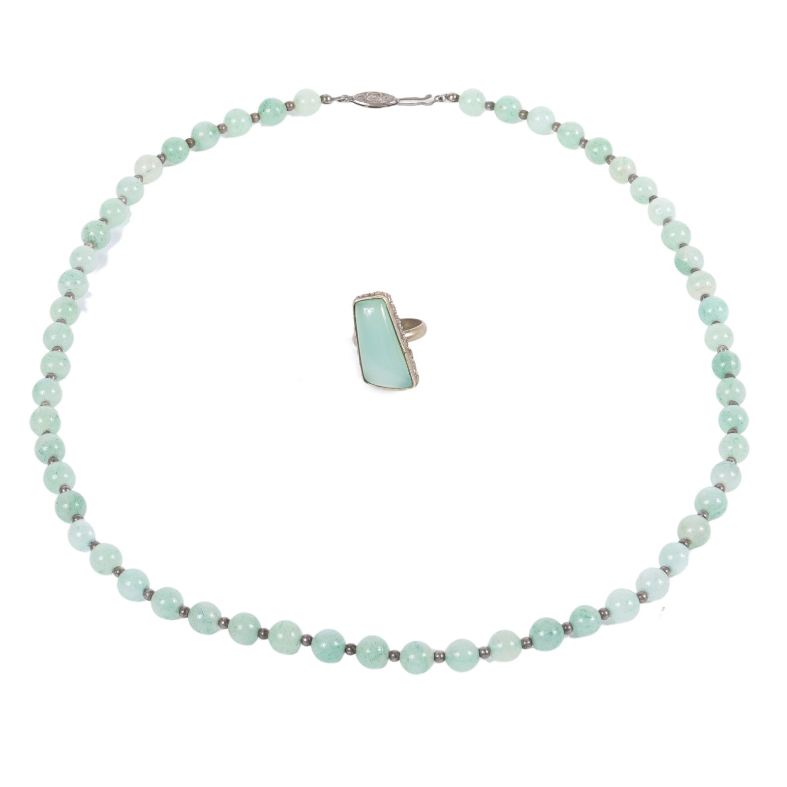 Antique Chinese celadon Jade bead necklace and ring 23 1/2"L (necklace), size 7 (ring) (1 of 5)