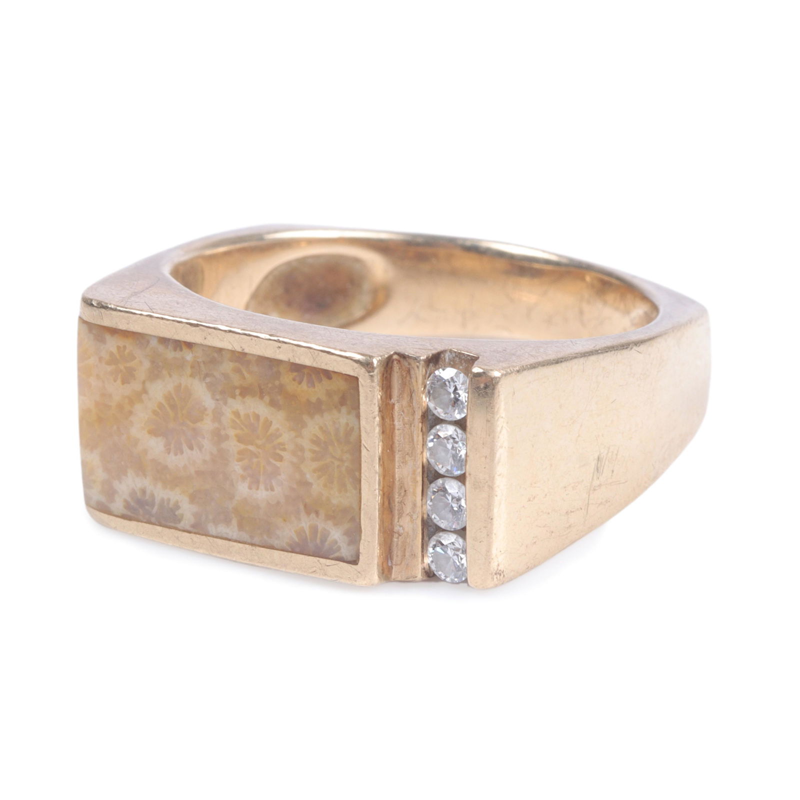 Joseph Cyberski 14K gold ring inlaid with Petoskey fossil stone and four channel set diamonds, (1 of 5)