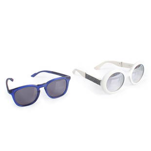 Vintage sunglasses: Jimmy Choo Wendy white and Gucci 122/J matte blue with red stripe 2 3/8" x 5: Vintage sunglasses: Jimmy Choo Wendy white and Gucci 122/J matte blue with red stripe White resin JIMMY CHOO round glasses with glitter Embellished arms and silver tone logo at temples. No case but wi