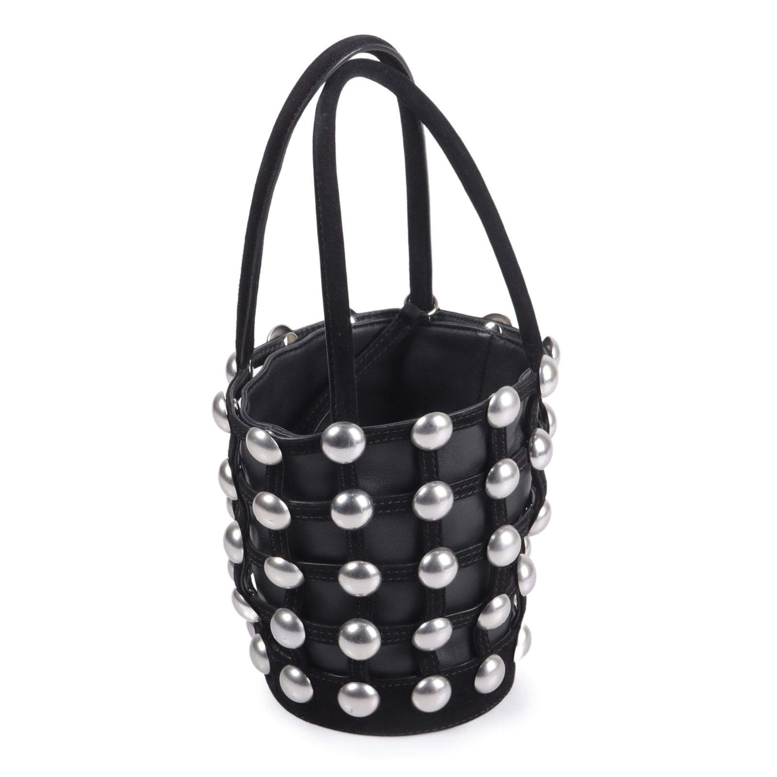 Alexander Wang studded black leather bucket bag with suede trim. 6 1/2"H x 6"Diam., 6"H (strap drop): Alexander Wang studded black leather bucket bag with suede trim. 6 1/2"H x 6"Diam., 6"H (strap drop)