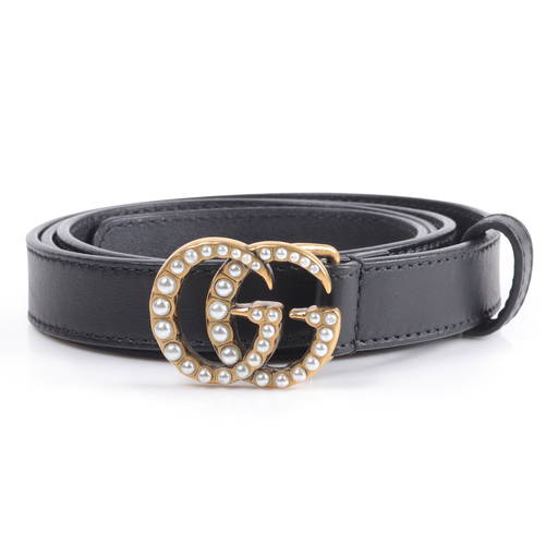 Women's Slim Black Leather Belt With Double G Buckle