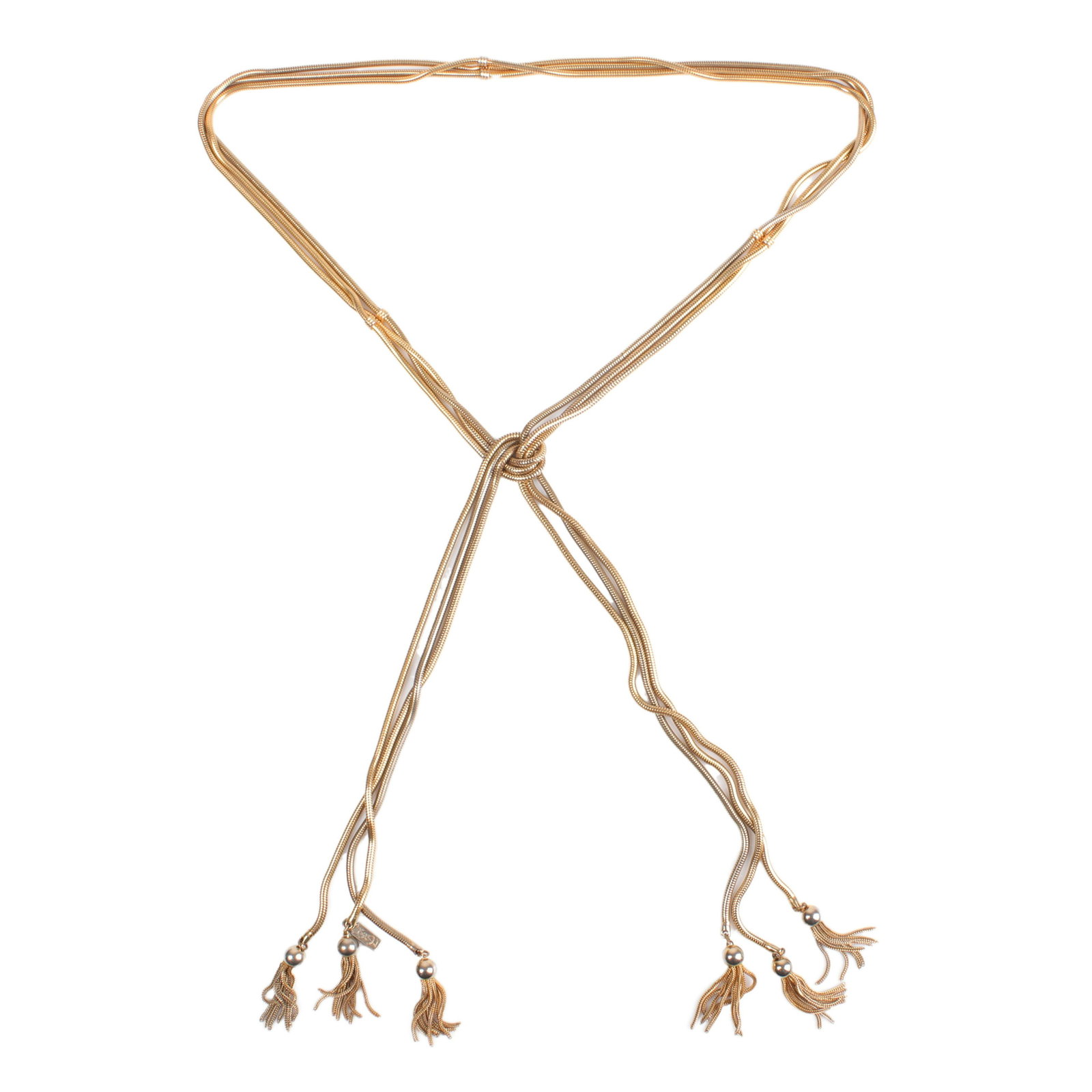 Yves Saint Laurent / YSL Designer lariat necklace with gold tone triple omega chains 53"L: Yves Saint Laurent / YSL Designer lariat necklace with gold tone triple omega chains tipped in gold tone fringe. 53"L