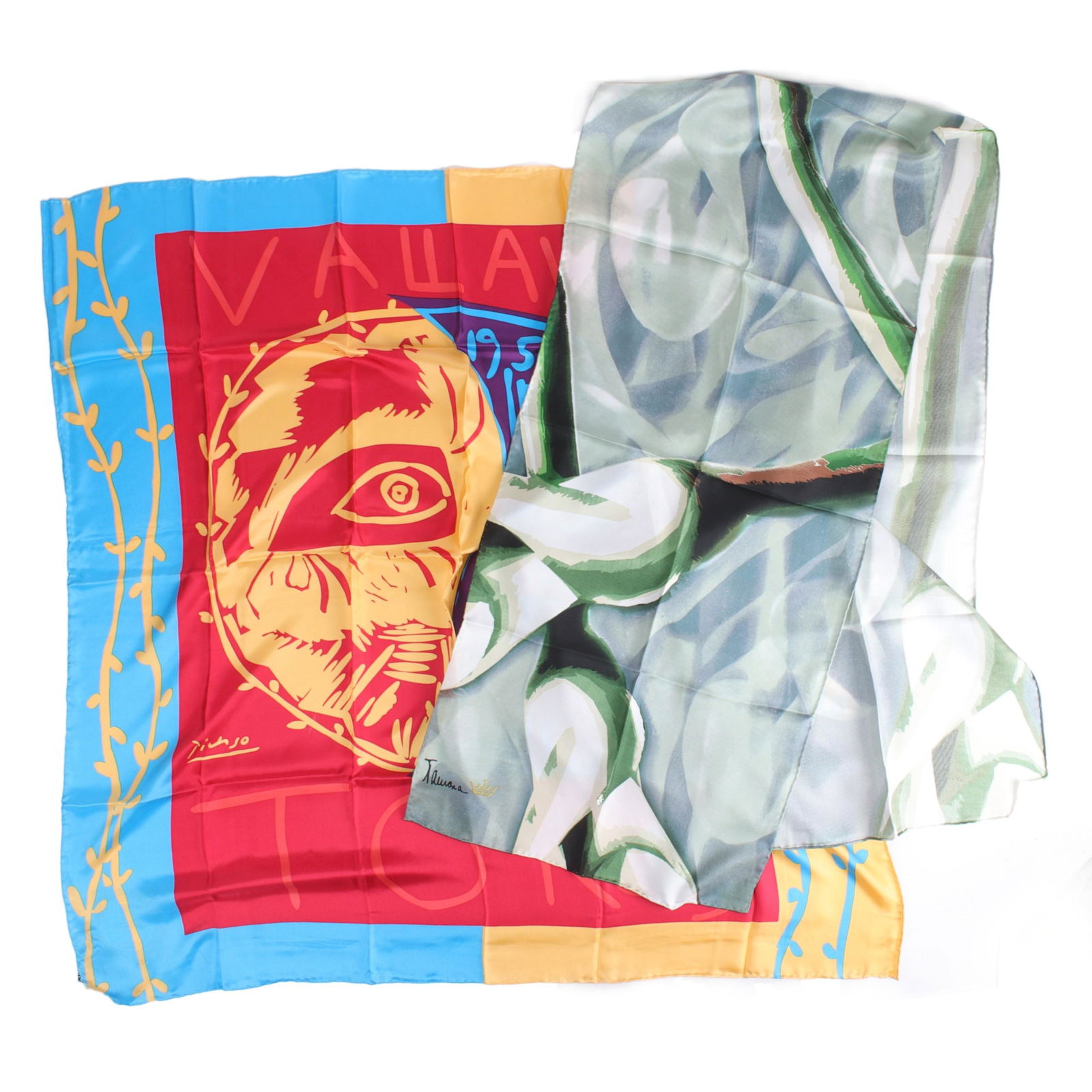 Two vintage silk scarves: after Picasso Toros & Tamara de Lempicka 1941 36" x 36" (Picasso),: Two vintage silk museum scarves: after Picasso Toros & Tamara de Lempicka 1941 Calla Lilies Both with original tags. 36" x 36" (Picasso), 16" x 70" (Calla)
