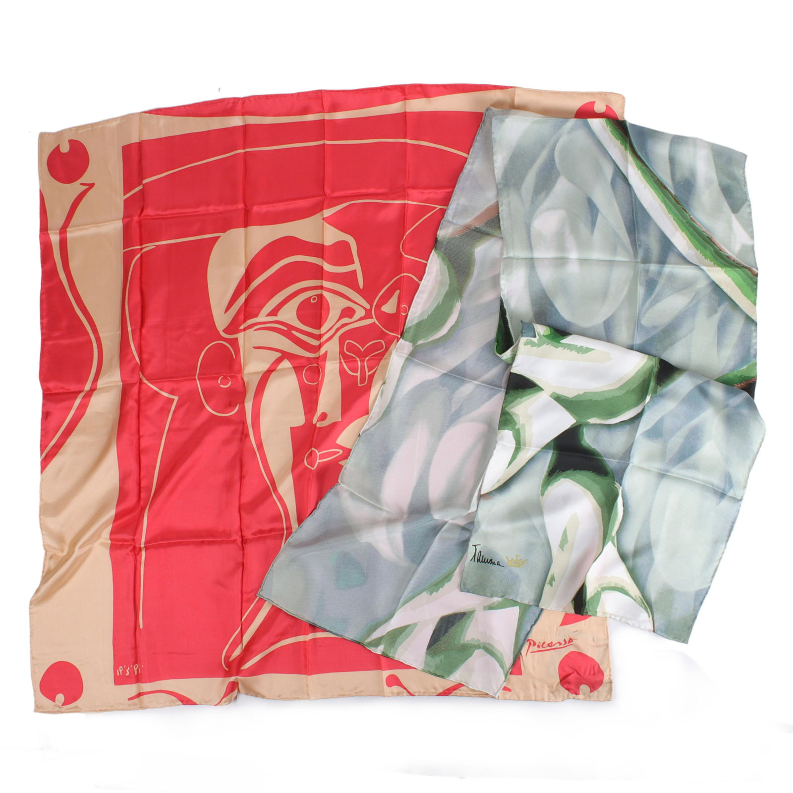 Two vintage silk scarves: after Picasso & Tamara de Lempicka 1941 36" x 36" (Picasso), 16" x: Two vintage silk museum scarves: after Picasso & Tamara de Lempicka 1941 Calla Lilies Both with original tags 36" x 36" (Picasso), 16" x 70" (Calla)
