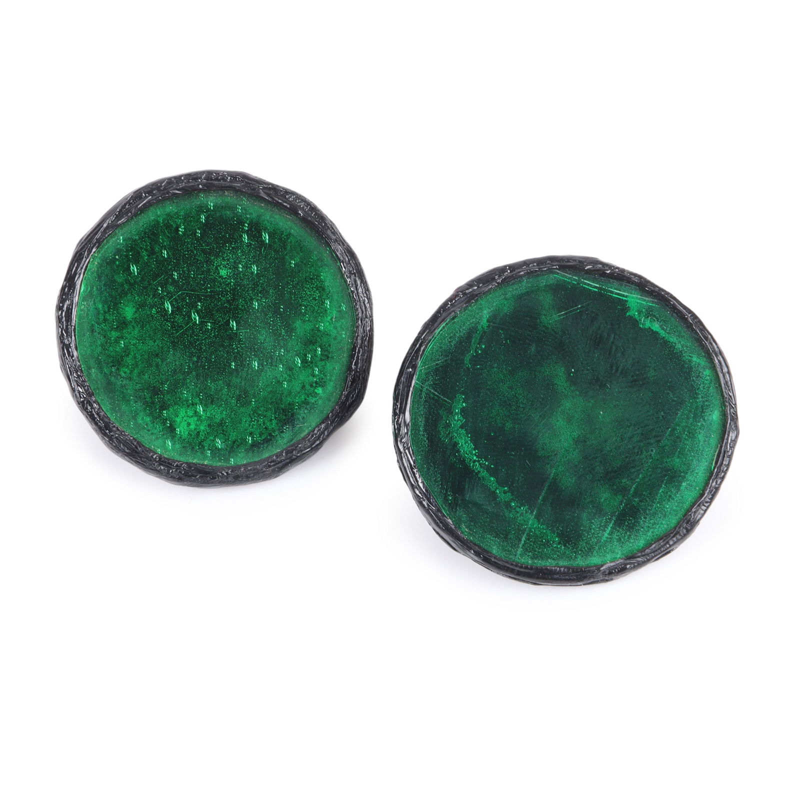Line Vautrin Talosel Designer HUGE emerald and black resin reflective button earrings. 1 3/8"diam: Line Vautrin Talosel Designer HUGE emerald and black resin reflective button earrings. 1 3/8"diam