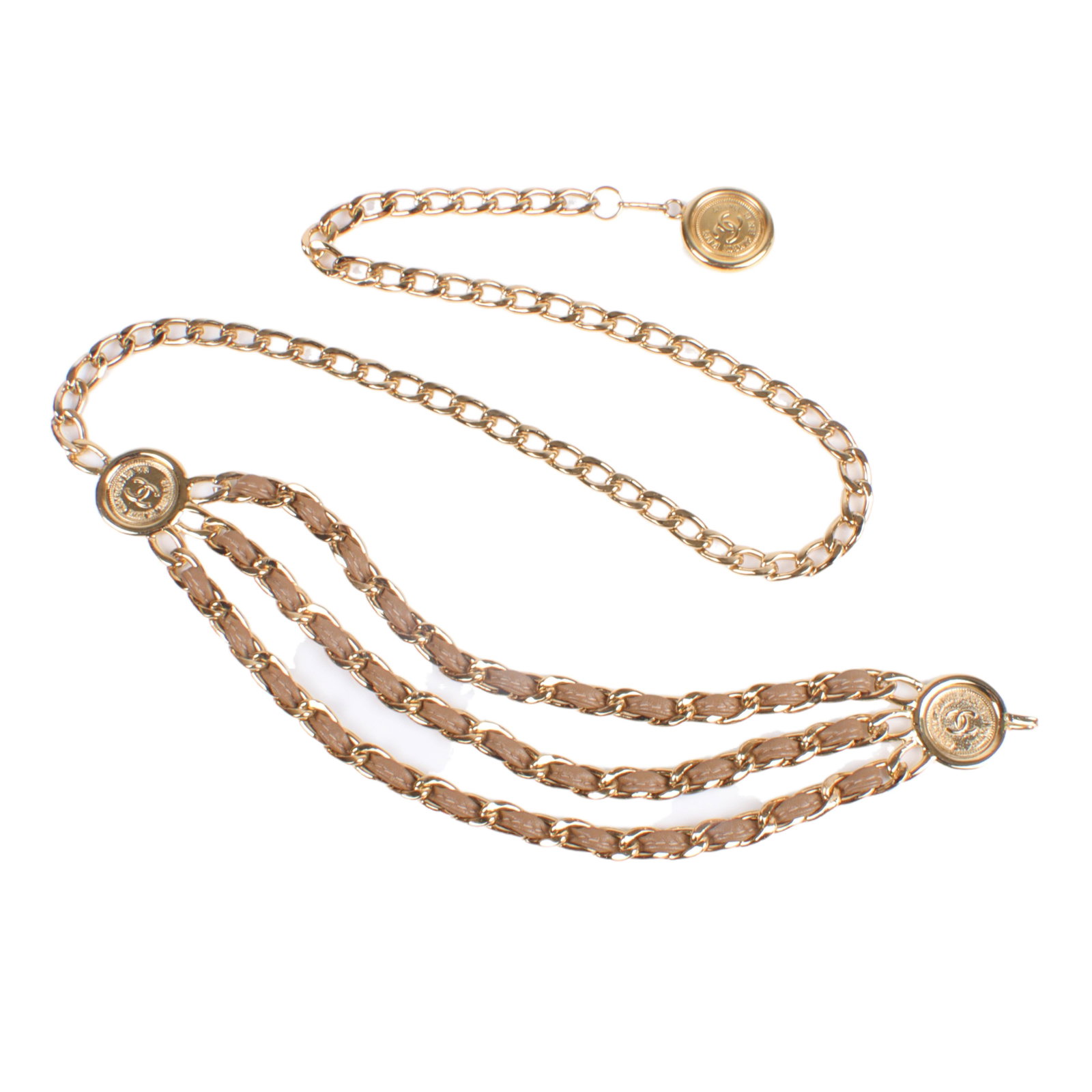 Chanel attributed vintage couture gold tone triple chain belt woven with leather featuring: Chanel attributed vintage couture gold tone triple chain belt woven with leather featuring 31 Rue Cambon Paris logo medallions. adjustable to 39 1/2"L