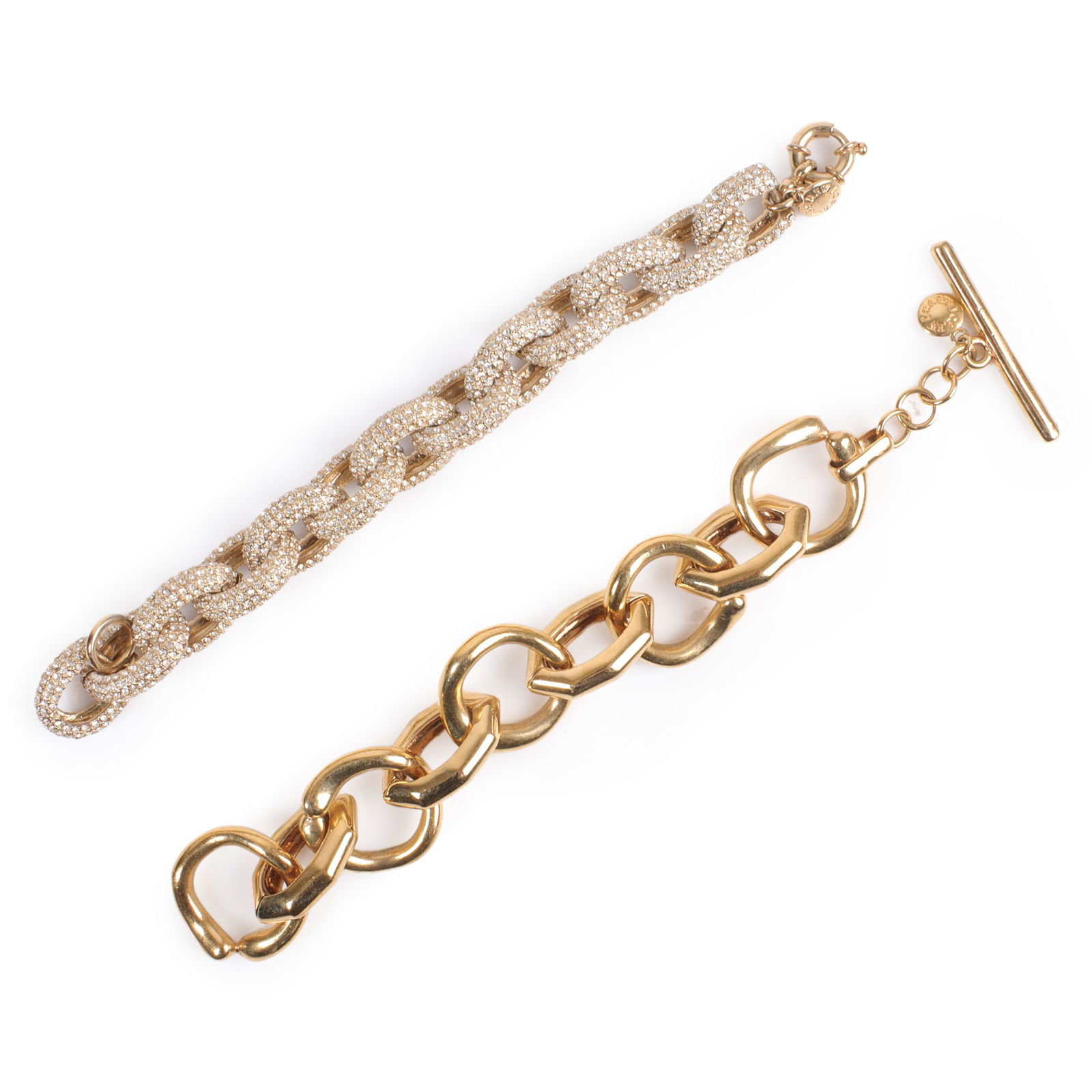 Two J. Crew large open link bracelets: diamante pave rhinestone and gold tone asymmetrical link 8: Two J. Crew large open link bracelets: diamante pave rhinestone and gold tone asymmetrical link 8 1/4"L x 1"W (largest)