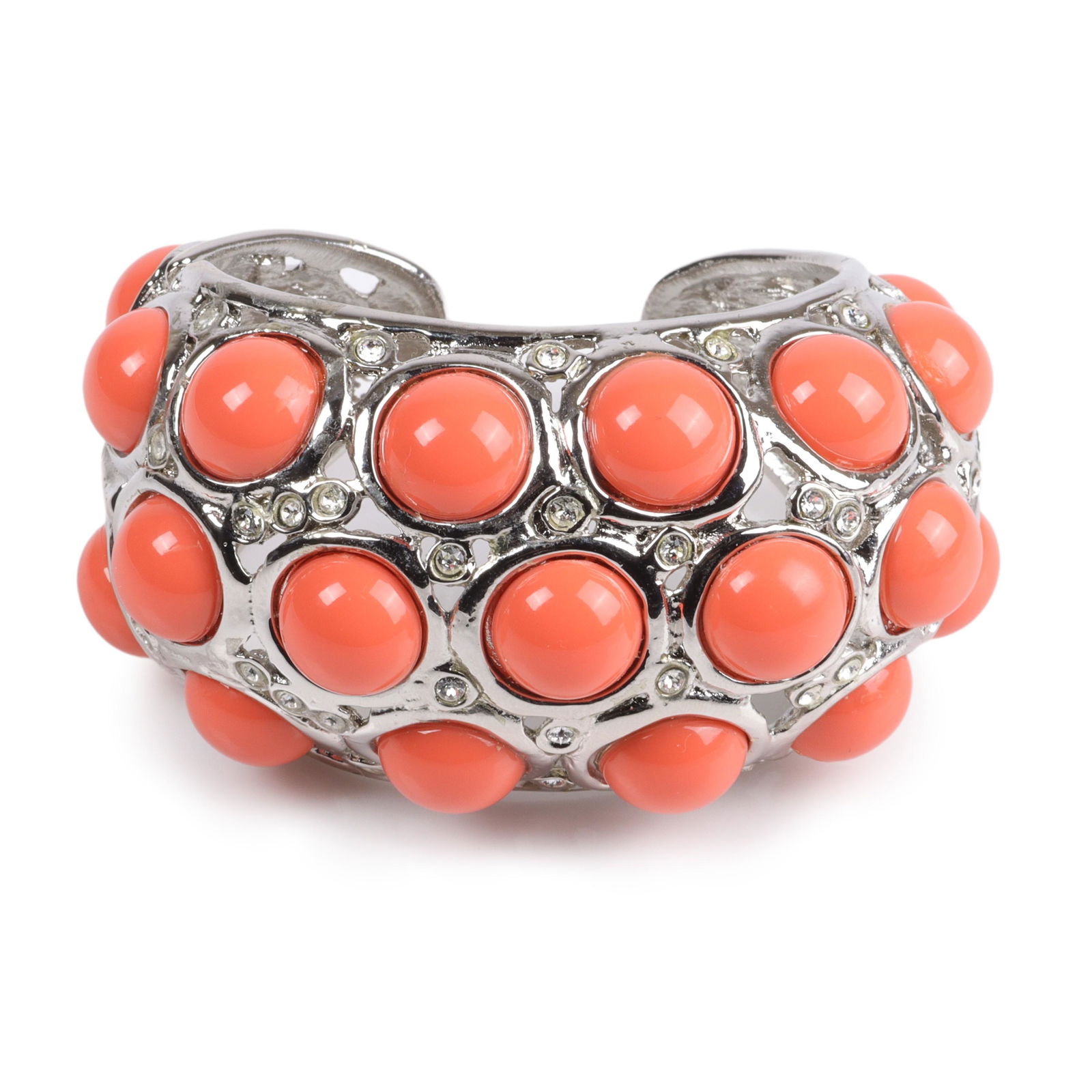 Kenneth Jay Lane / KJL silver cuff bracelet with faux coral cabochons and rhinestone accents. 2" (1 of 6)