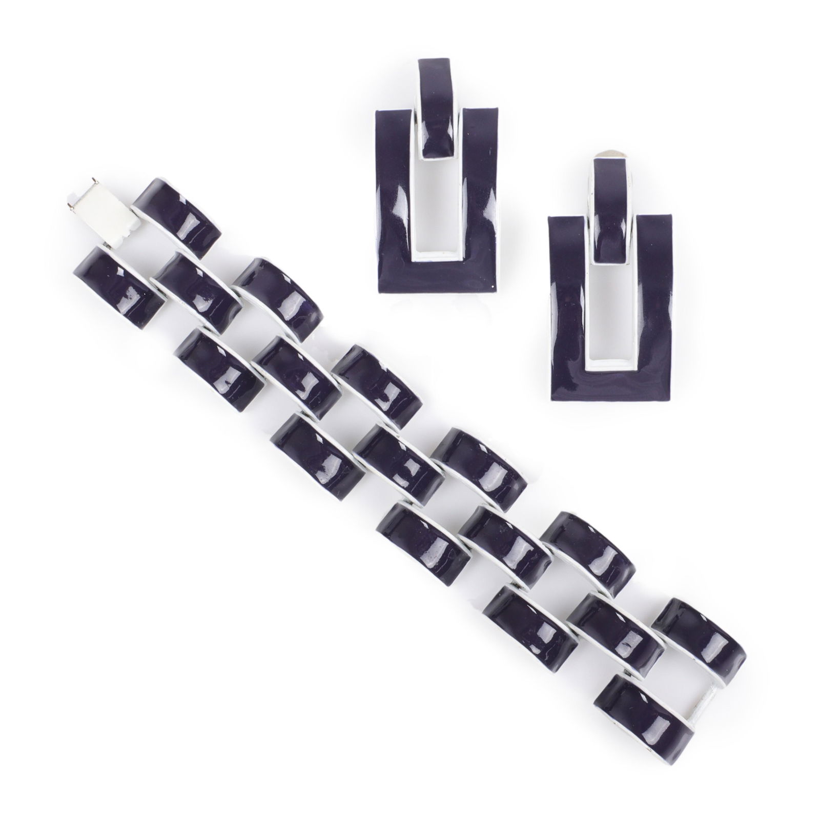 Jay Feinberg vintage mod navy and white enamel link bracelet and door knocker earring set 7"L x 1 (1 of 7)