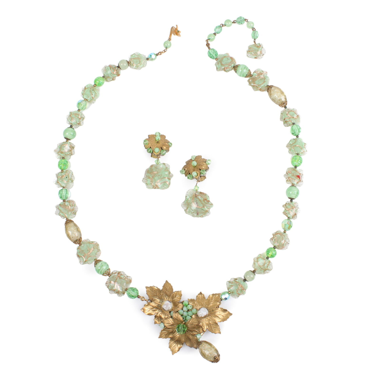 DeMario green molded glass bead necklace & dangle earring set featuring gold tone 31" L (necklace), (1 of 8)