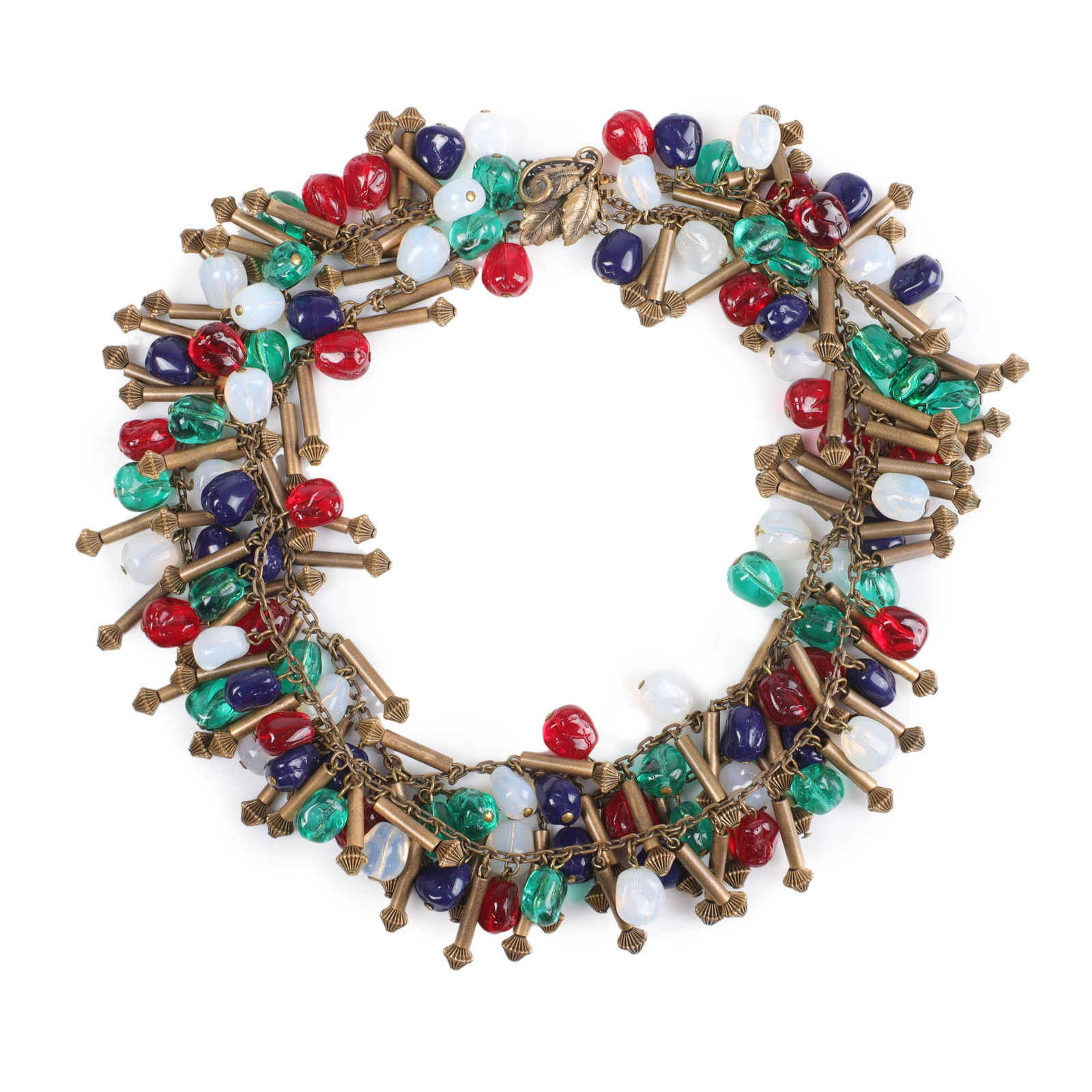 Haskell? Triple strand brass and multicolor poured art glass bauble beaded collar necklace 15"L (1 of 5)