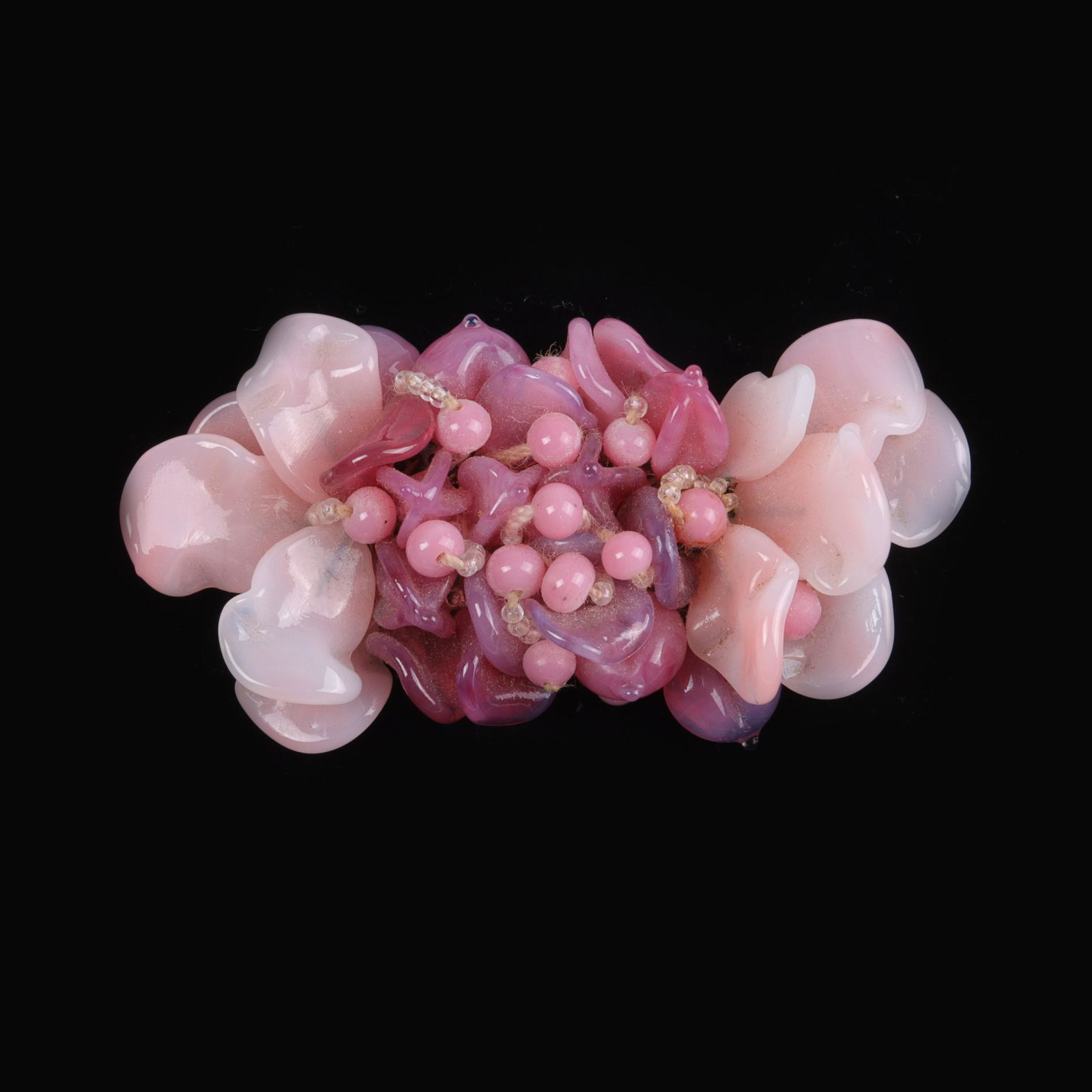 Unsigned Haskell layered poured glass and bead flower brooch in shades of pink 1 1/2"H x 3 1/4"W (1 of 3)