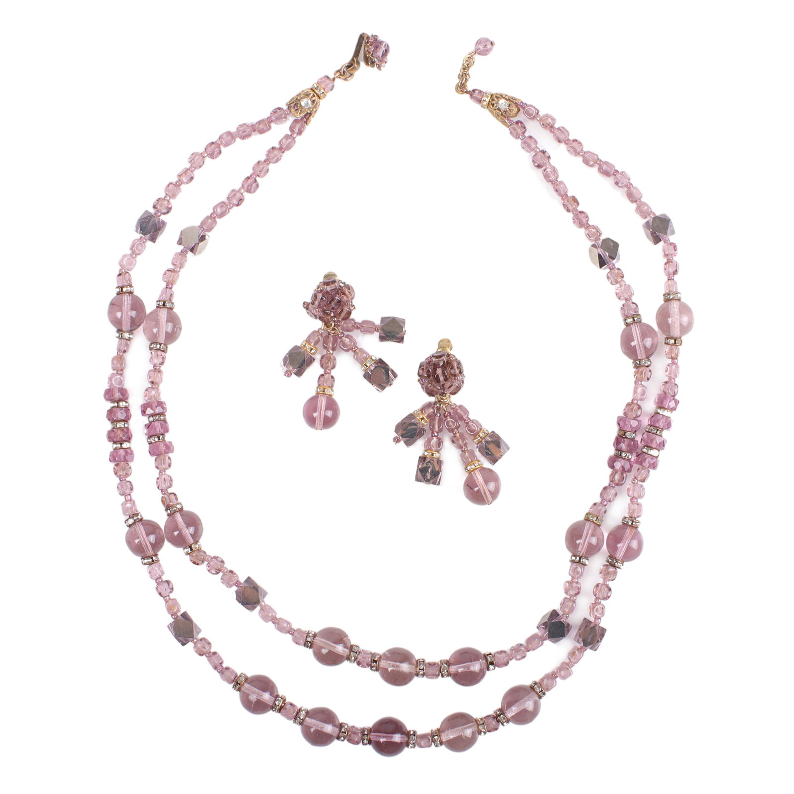 Miriam Haskell double strand purple glass bead necklace & dangle earring set with rondelle spacers (1 of 8)