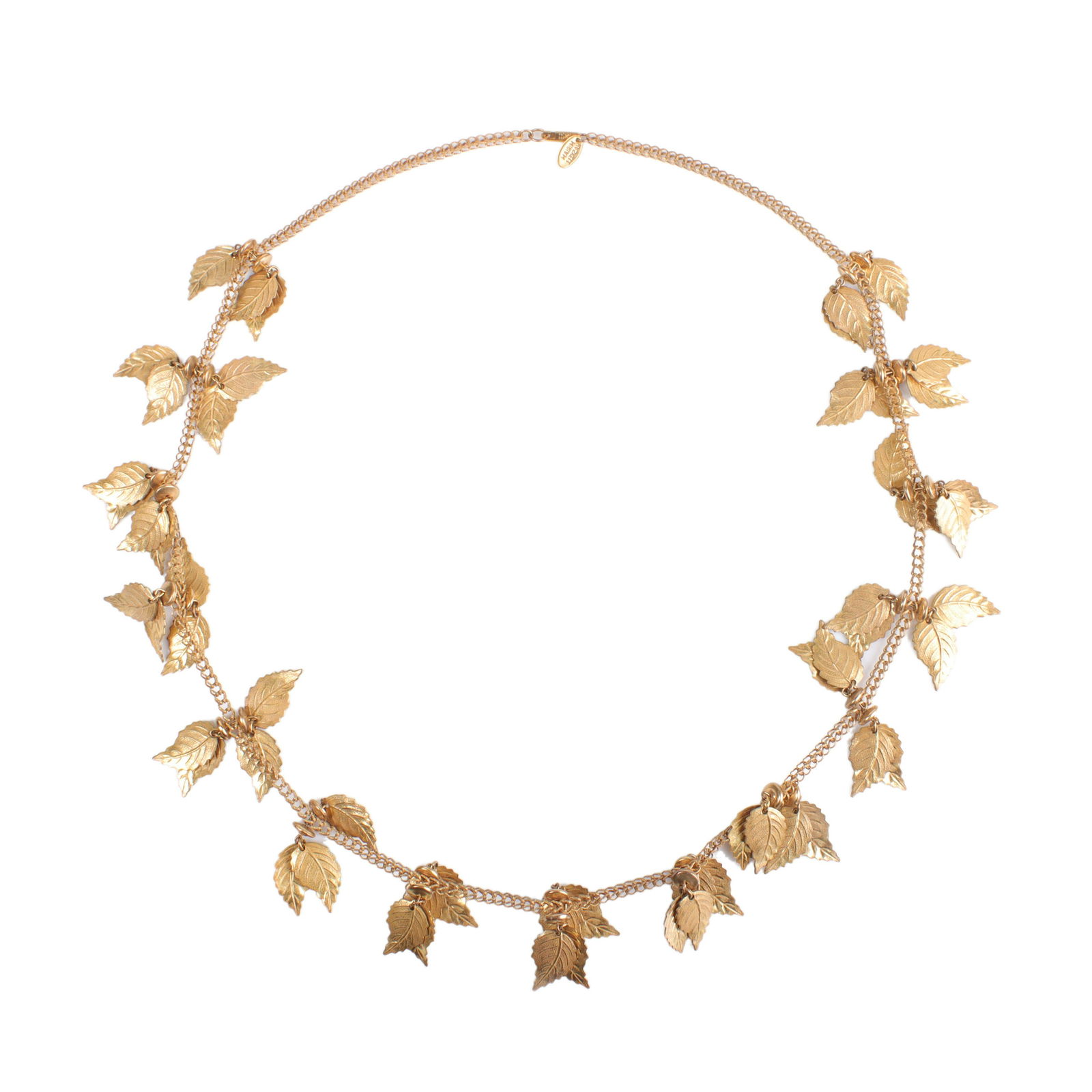 Miriam Haskell gold tone necklace with dangling leaf charms. 28"L: Miriam Haskell gold tone necklace with dangling leaf charms. 28"L