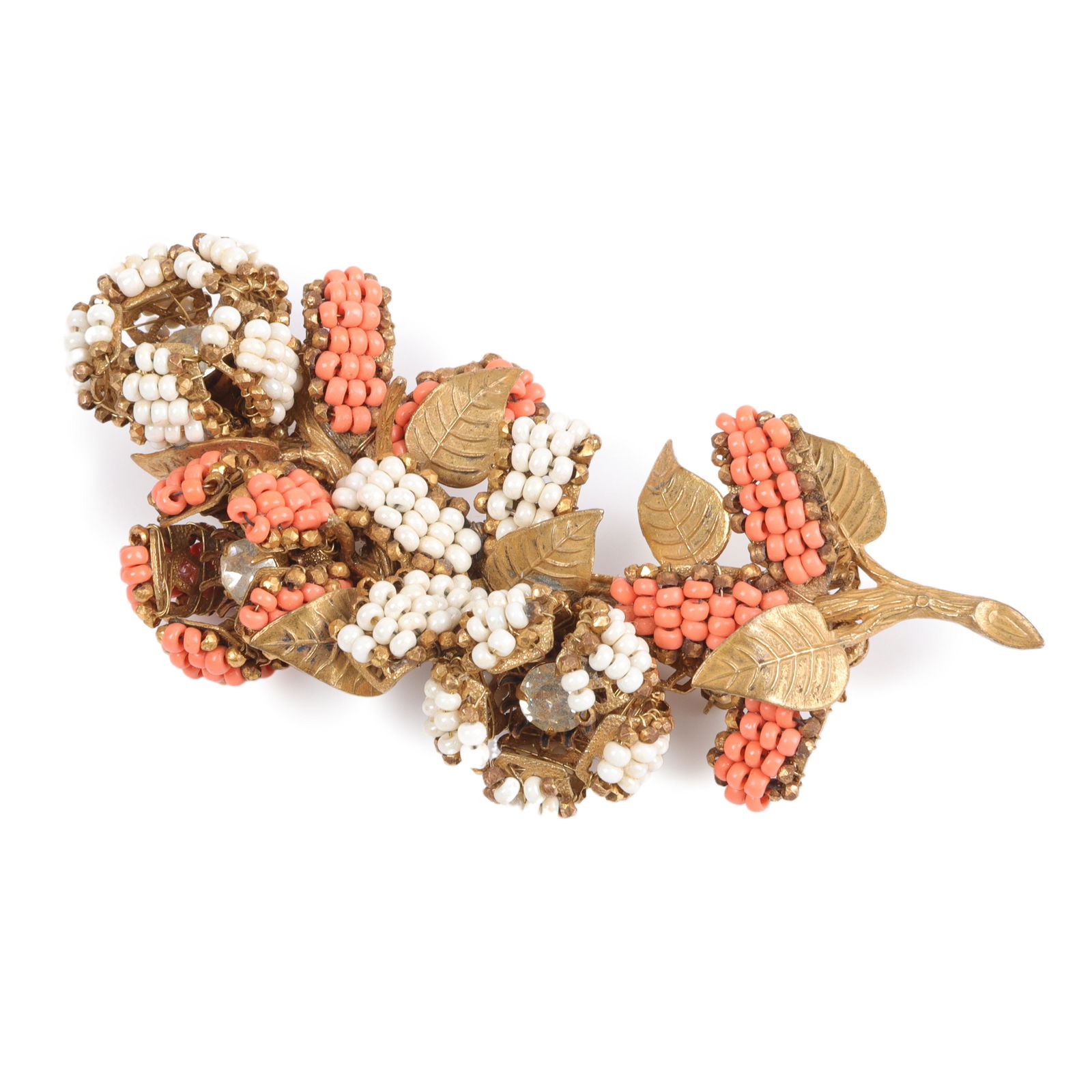 Miriam Haskell early dimensional coral and white glass spray brooch, one of a kind. 1 3/4" x 3 3/4" (1 of 5)