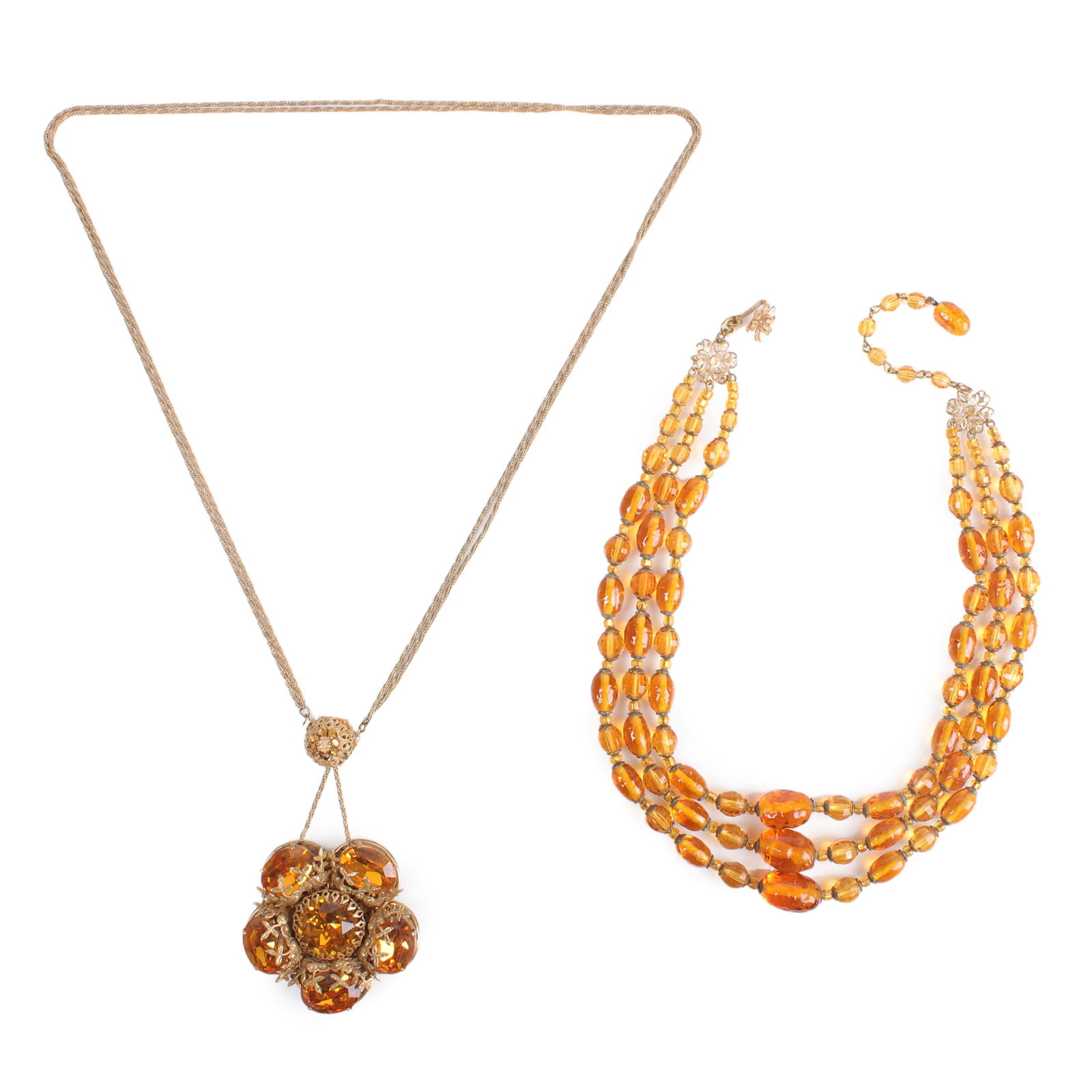 Two Miriam Haskell topaz bead necklaces: HUGE faceted crystal double chain flower pendant 24"L, (1 of 7)