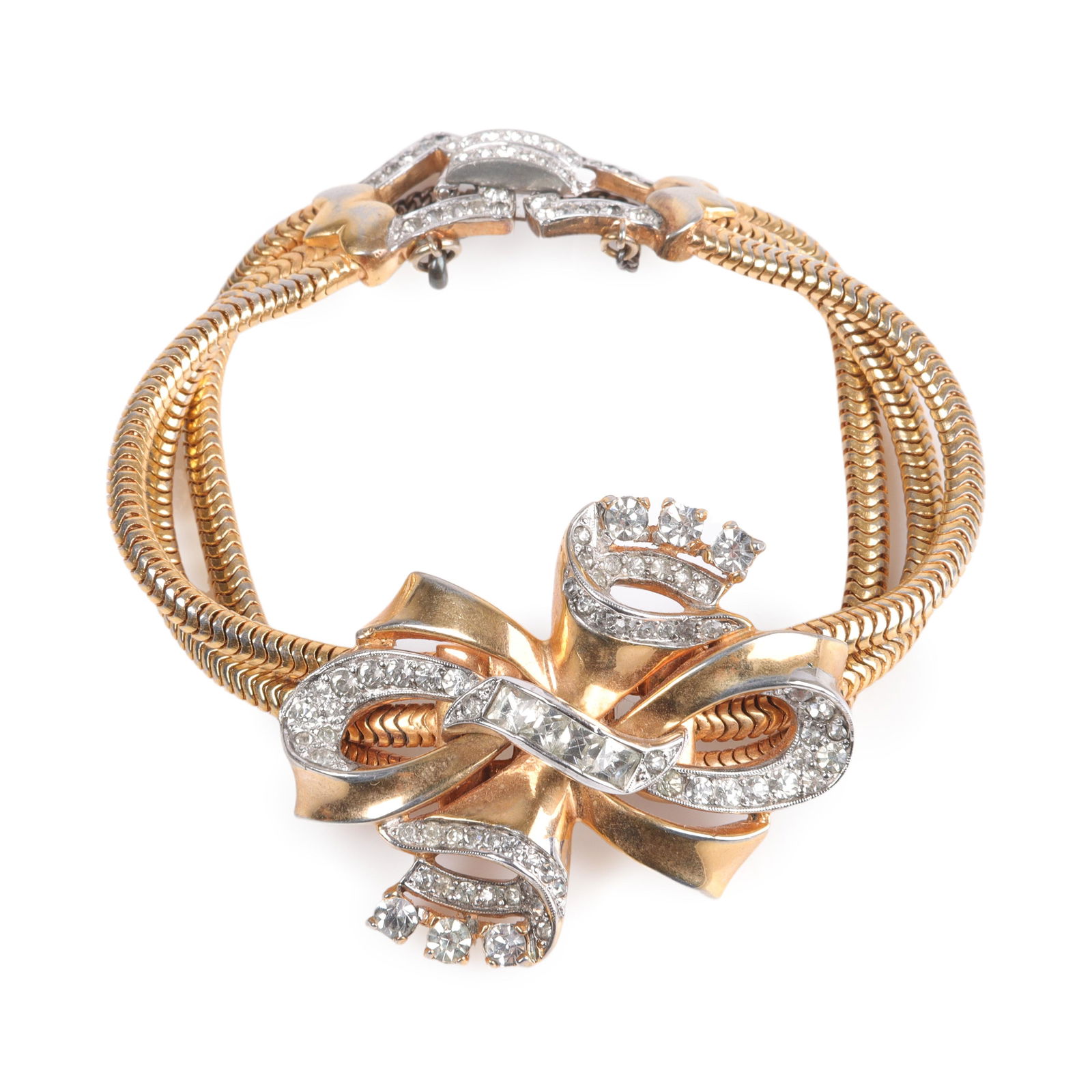 Mazer Retro gold tone triple snake chain diamante layered bow bracelet. 6 3/4"H x 1 1/4"W: Mazer Retro gold tone triple snake chain diamante layered bow bracelet. 6 3/4"H x 1 1/4"W