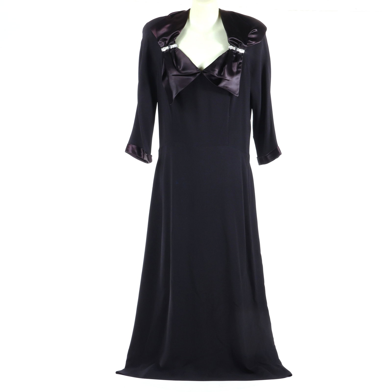 Eisenberg Originals black rayon crepe dress with black satin bow collar accented with, original: Eisenberg Originals black rayon crepe dress with black satin bow collar accented with, original jeweled sew-ons with large emerald-cut rhinestones, c. 1940. Shown on page 12 and 13, figures 1.4-1.8 fr