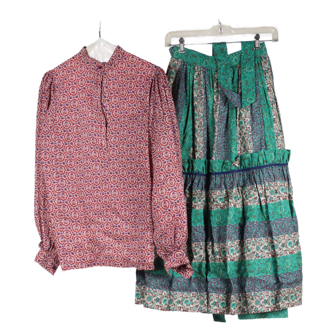 Saint Laurent Rive Gauche vintage 1980s couture prairie 2pc.: ruffle midi skirt (sz38) and floral poet blouse (sz36).