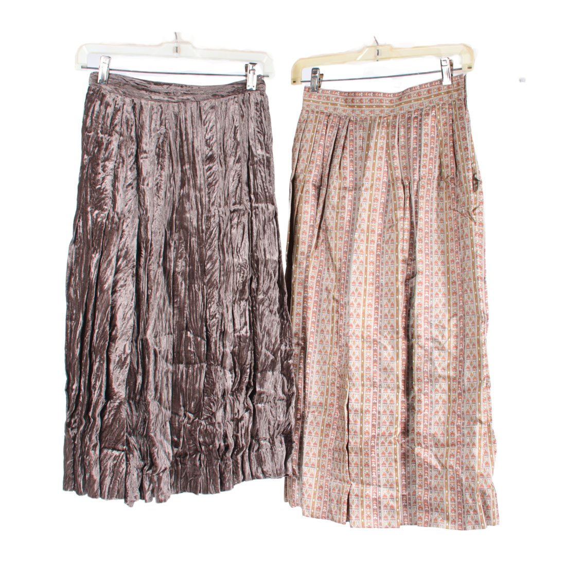 Saint Laurent Rive Gauche vintage 1980s pair of midi skirts: 1 sateen prairie print and 1 taupe crushed