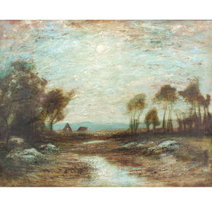 George Henry Bogert, New York (1864-1944), moonlit landscape at dusk, oil on canvas, 27 1/2" x 35: George Henry Bogert New York (1864-1944) moonlit landscape at dusk oil on canvas Signed lower left. From the Archives of askART: Born in New York City, George Henry Bogert (often confused with George