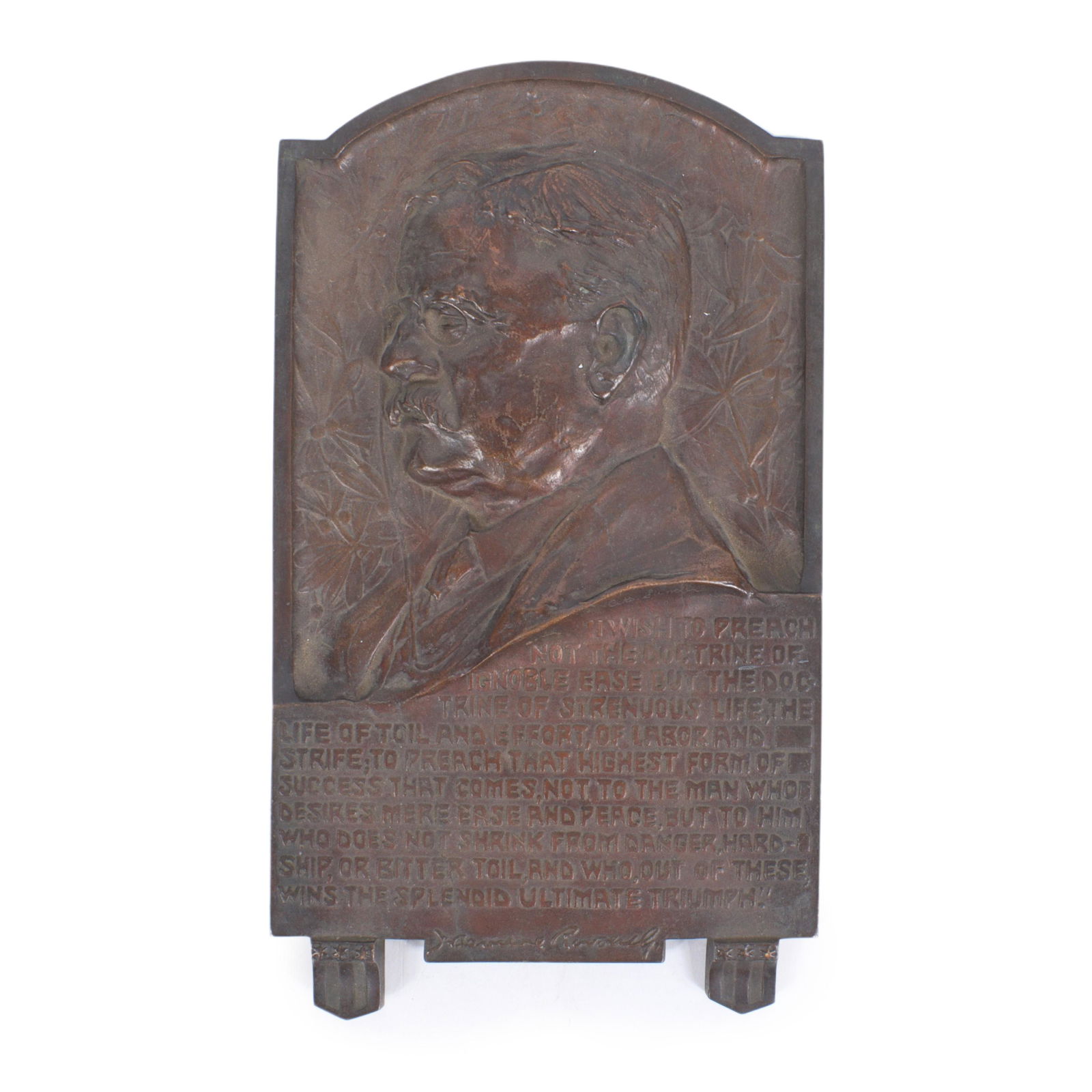 Sanders, American , Roosevelt "I Wish To Preach", bronze relief portrait plaque with quote, 13" x 7 (1 of 6)