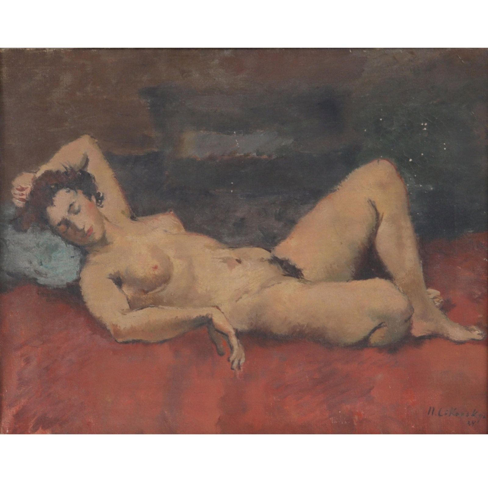 Nicolai S Cikovsky, American/Russian (1894-1984), reclining nude, Oil on canvas: Nicolai S Cikovsky American/Russian (1894-1984) reclining nude Oil on canvas Signed and dated (1934) lower right. EX: The Downtown Gallery, New York. 16" x 20", (canvas), 23 1/2" x 27 1/2" (frame). Bi