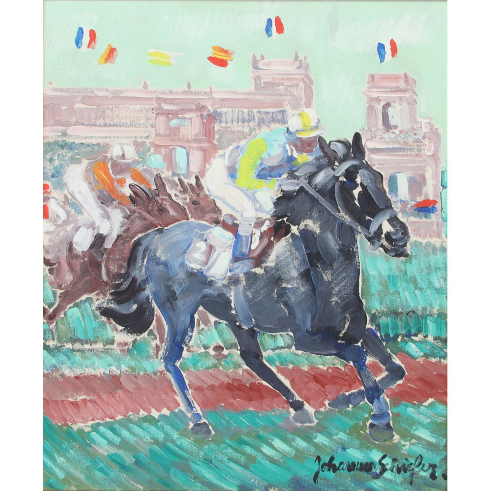 Johannes Schiefer, Dutch American (1896-1979), Horse Race, Oil on Canvas, 21" x 17 1/4", 22 1/2" x: Johannes Schiefer Dutch American (1896-1979) Horse Race Oil on Canvas Signed lower right EX: Contemporary Masters Gallery, New York Biography from the Archives of askART: Johannes Schiefer, painter of