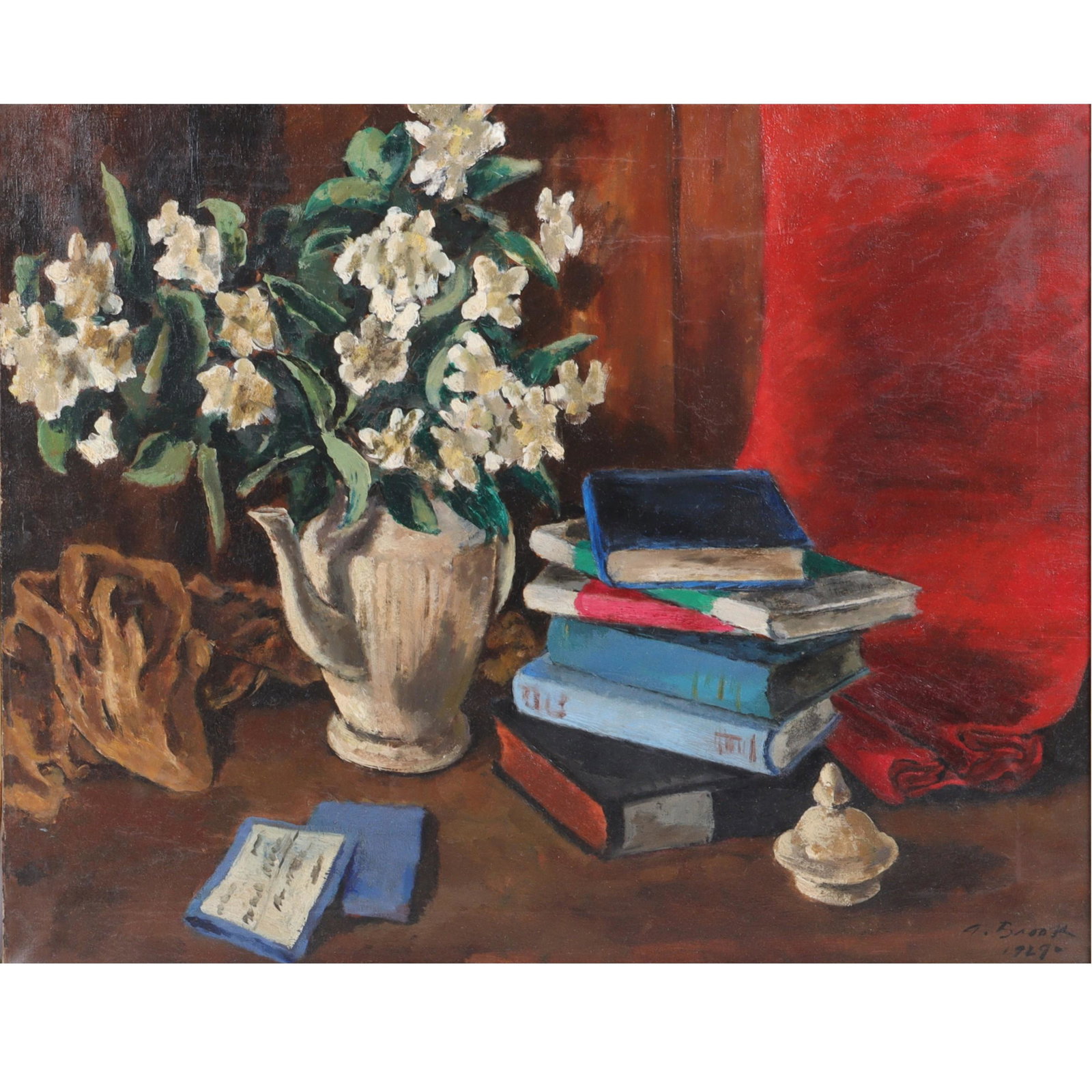 Alexander Brook, New York, Georgia (1898-1980), No. 4 Still Life with books, 1929, oil on canvas, 23: Alexander Brook New York, Georgia (1898-1980) No. 4 Still Life with books, 1929 oil on canvas signed and dated lower left. Wikipedia: Brook was born in Brooklyn, New York on July 14, 1898, to a Russia