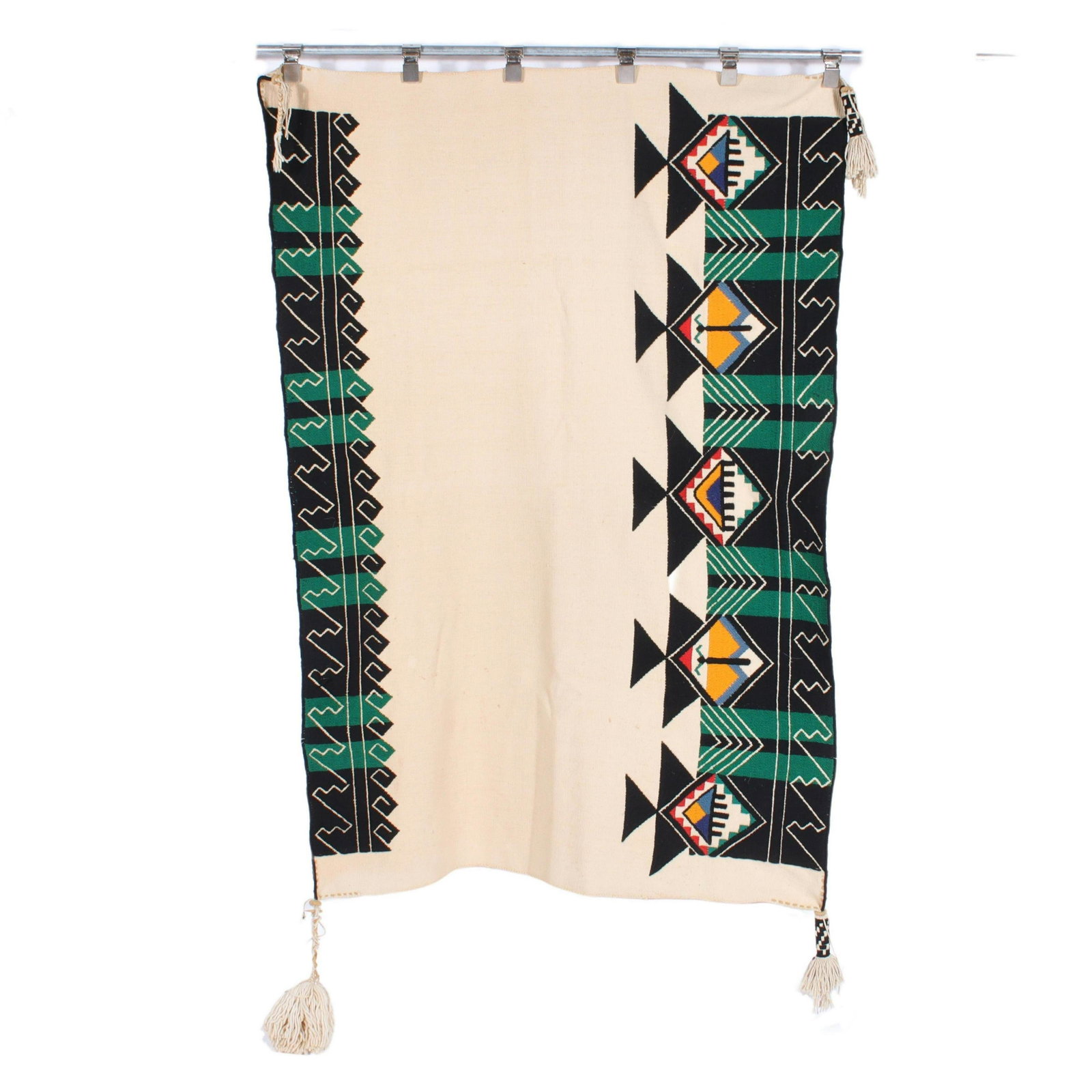 Vintage Hopi 1960s Mantas Wedding Robe with raised embroidered pictorial diamond border 48" x 66: Vintage Hopi 1960s Mantas Wedding Robe with raised embroidered pictorial diamond border and woven checkerboard tassels with wood toggles. Photo shows a mantas being worn during a wedding ceremony 48" 