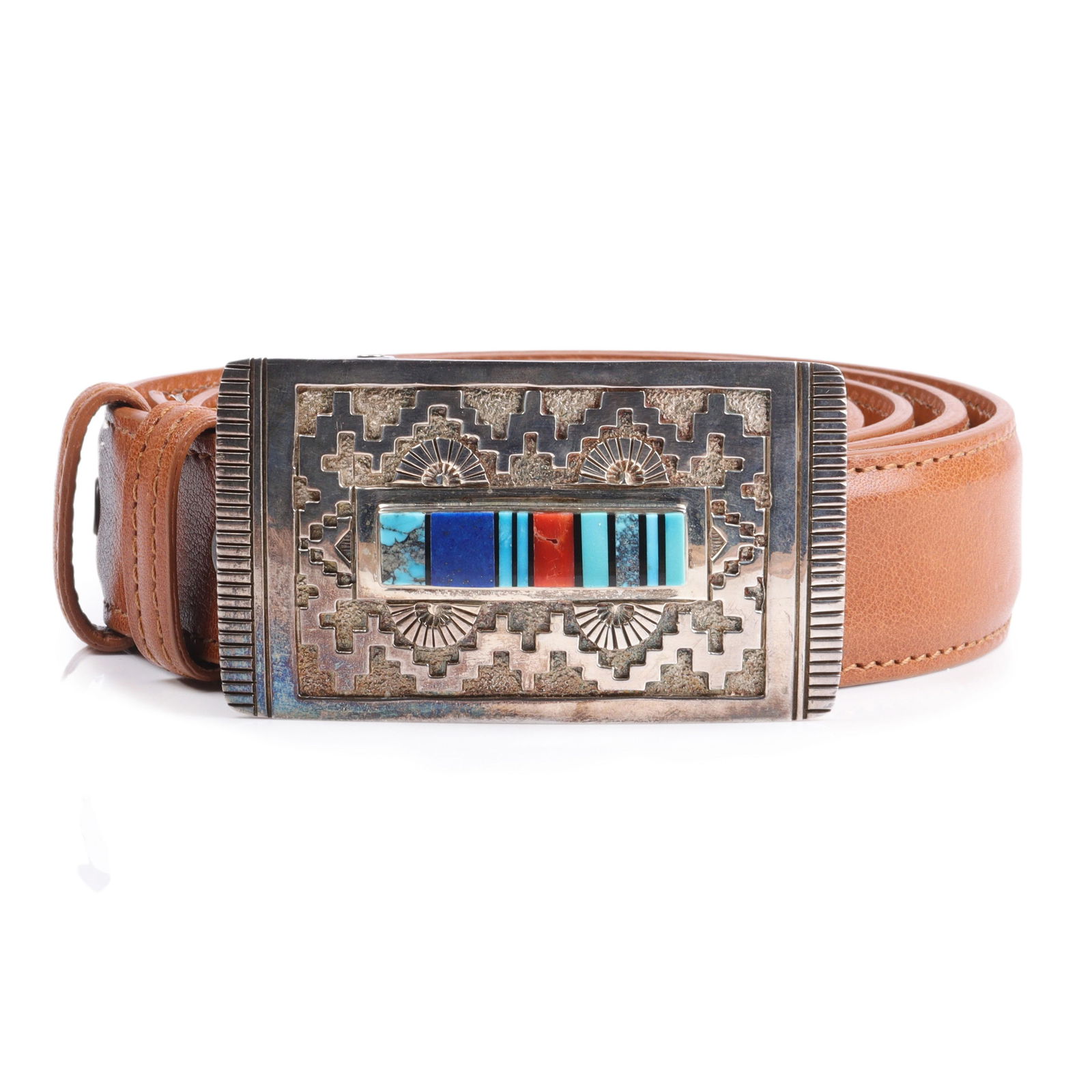 Richard Begay Navajo Native American sterling silver rug pattern overlay belt buckle size 40 (belt),: Richard Begay Navajo Native American sterling silver rug pattern overlay belt buckle with turquoise, lapis lazuli, jet, and coral inlay. Tom Taylor cognac genuine Italian calf handmade belt. size 40 (