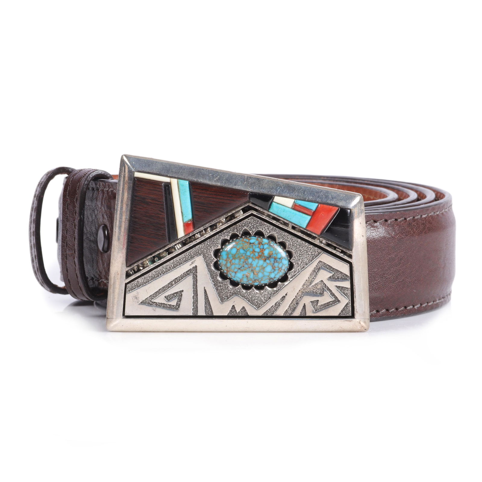 Richard Tsosie Navajo Native American sterling silver tufa cast belt buckle with turquoise, size (1 of 7)