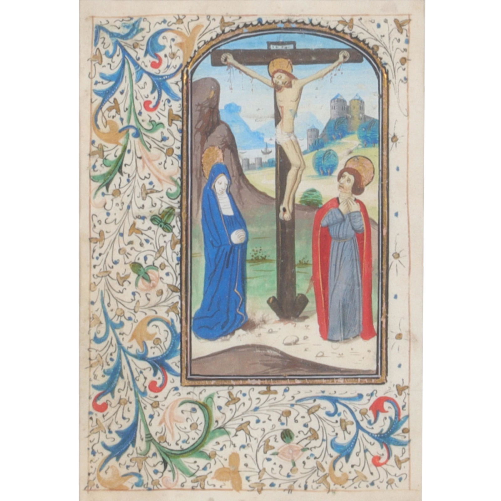 Hand painted leaf from a French Book of Hours illuminated manuscript scenic panel depicting the (1 of 7)