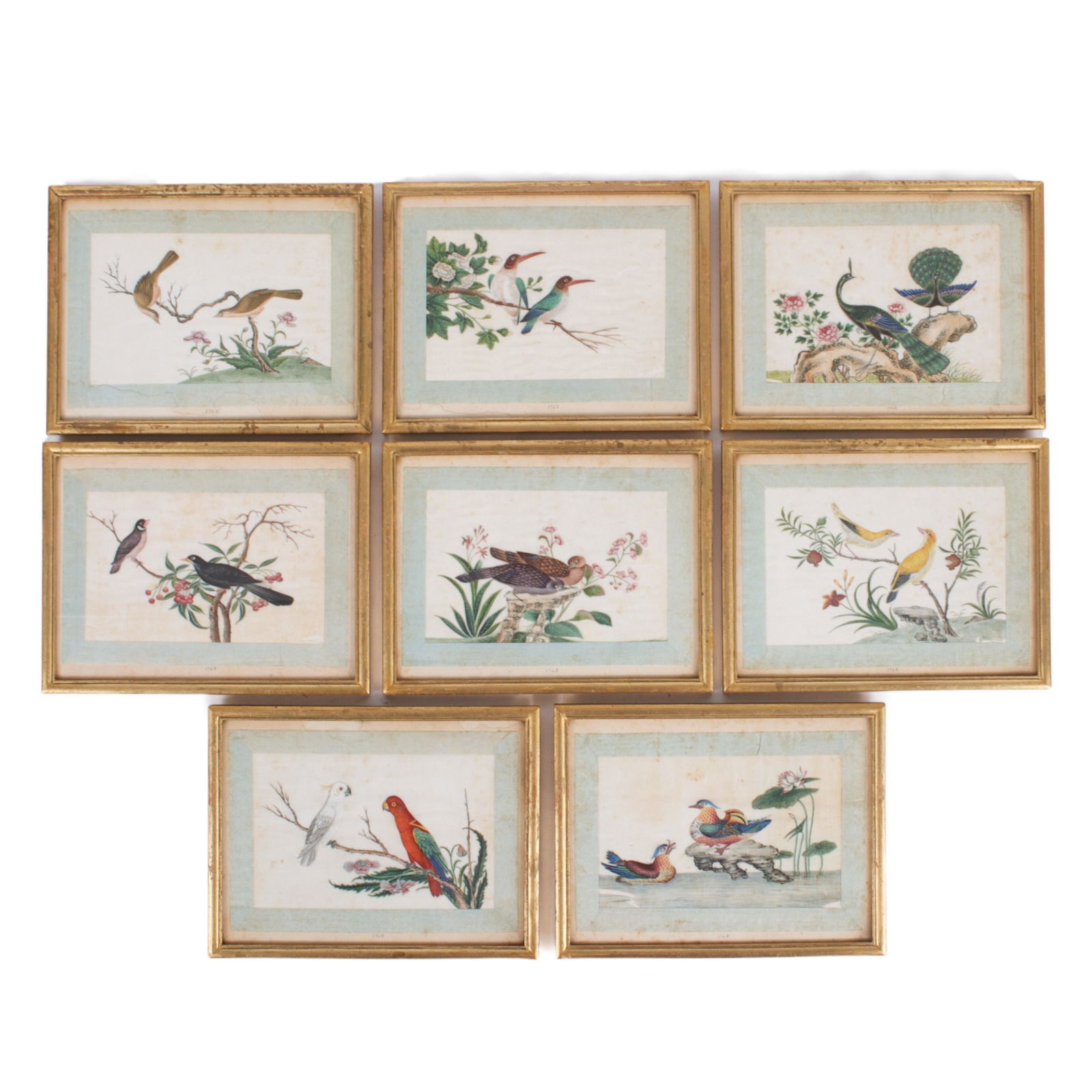 Eight Japanese bird paintings on silk, 1763, from an 18th century art book. 5 3/4" x 7 1/2" (silk), (1 of 11)