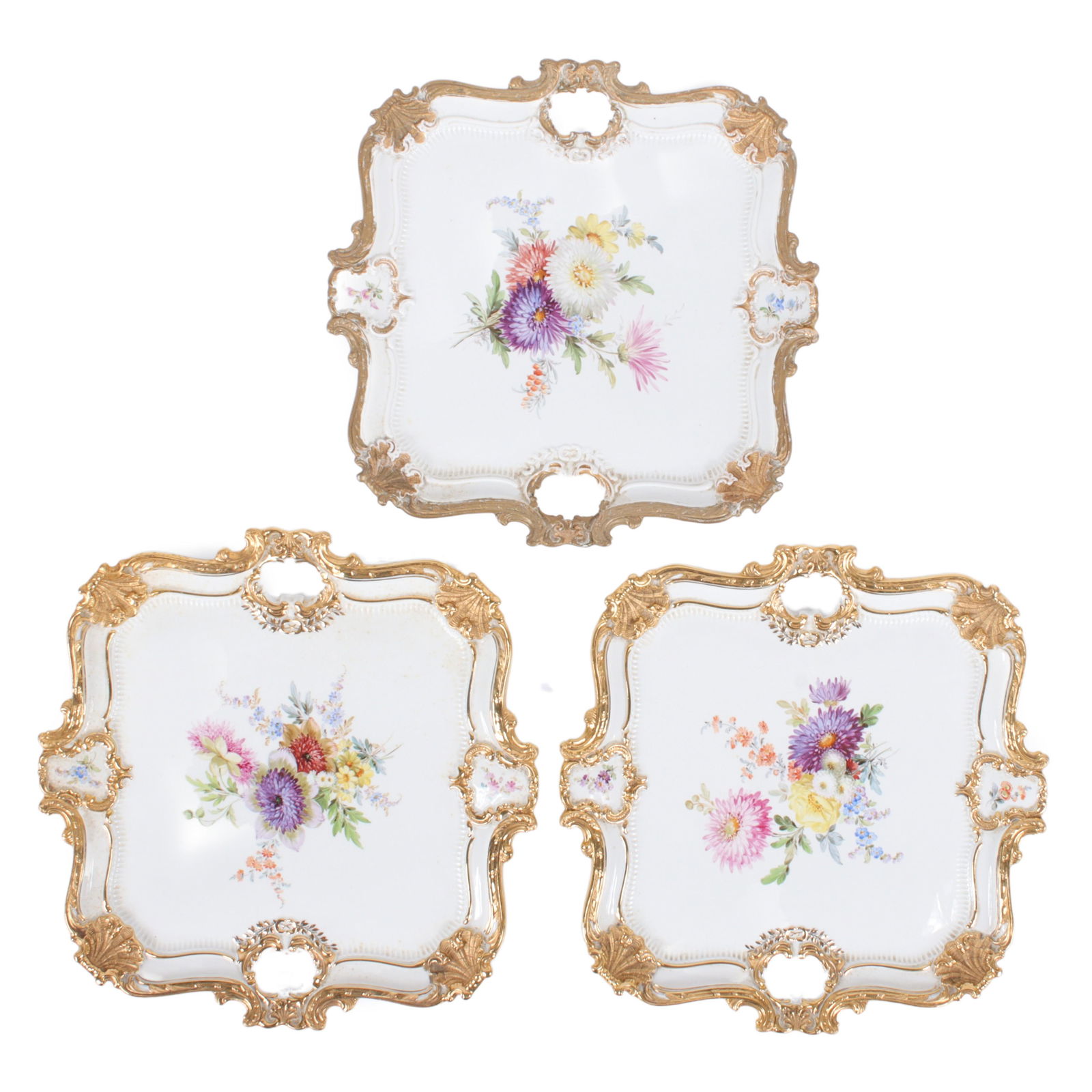 Three Meissen German porcelain Dresden Flowers handled square platters / tea serving trays 16" x 16" (1 of 8)