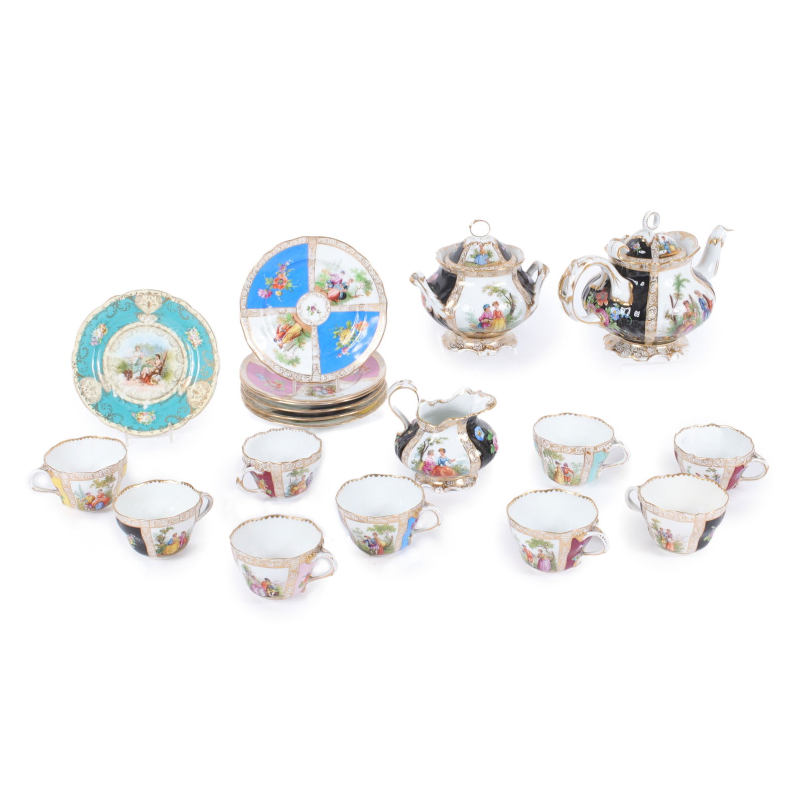 Dresden Panel porcelain 19pc tea service, Richard Klemm and Imperial Crown China Austria: 9 teacups, (1 of 13)