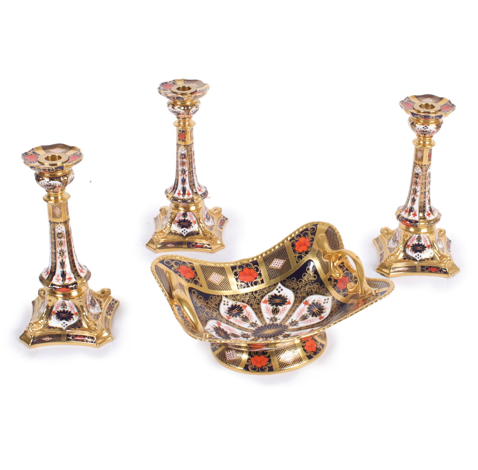 Royal Crown Derby porcelain Old Imari pattern 1128, compote footed bowl and 3 candlesticks 4 1/2" x (1 of 15)