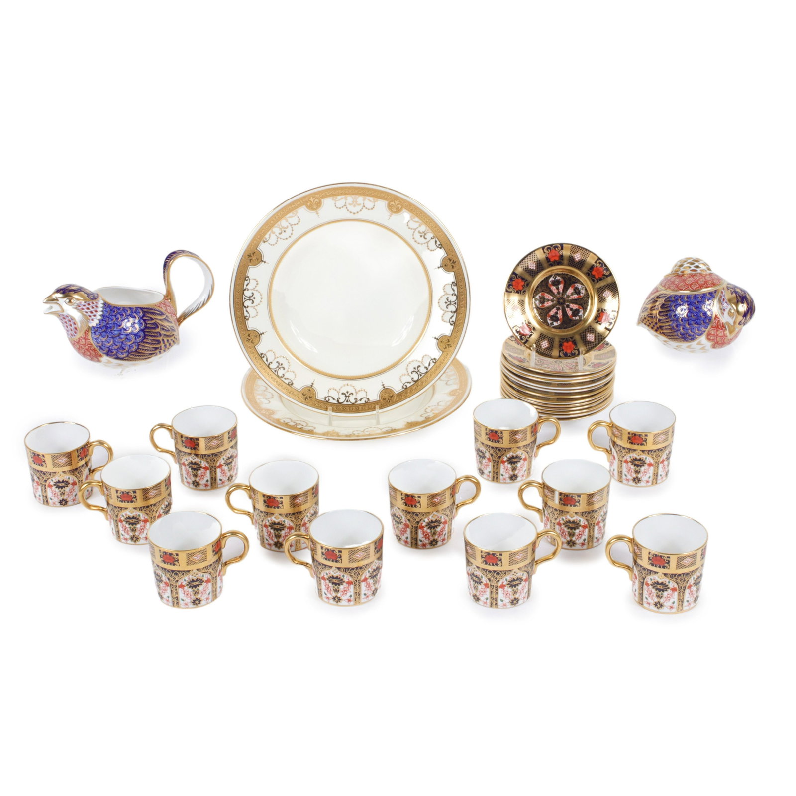 Royal Crown Derby & Mintons for Tiffany & Co 29 pc gilt decorated China. 1 3/8"H x 9"diam. (Tiffany: Royal Crown Derby & Mintons for Tiffany & Co 29 pc gilt decorated China. Includes: two Mintons for Tiffany & Co Mintons gilt decorated porcelain bowls, 1 3/8"H x 9"diam. twelve Royal Crown Derby Engli