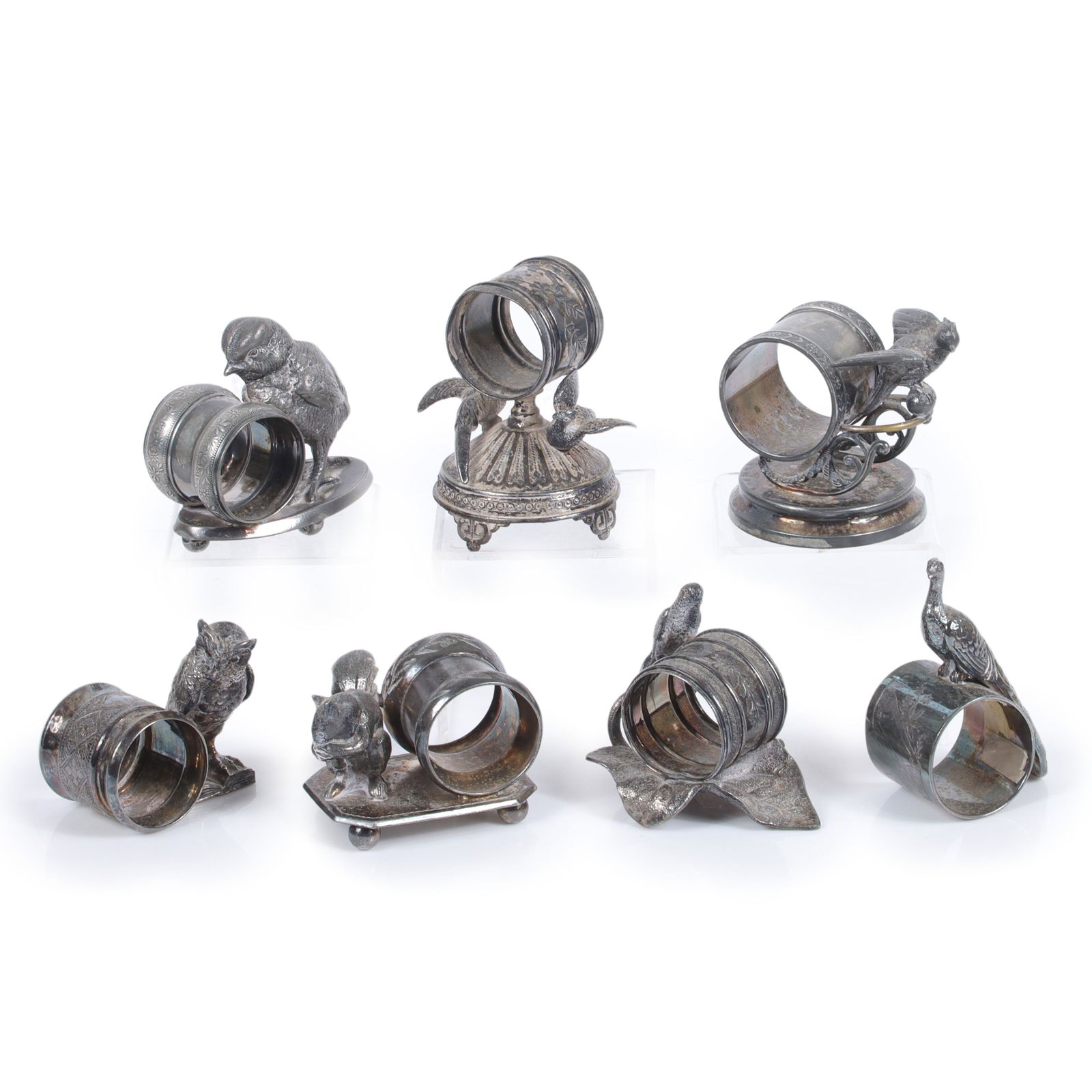 Seven Victorian silver plated figural animal napkin rings: squirrel, peacock, owl, birds 3 3/4"H (1 of 10)