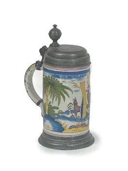 Hannoversch Munden German 18th Century hand painted faience scenic beer stein with pewter lid, dated (1 of 12)