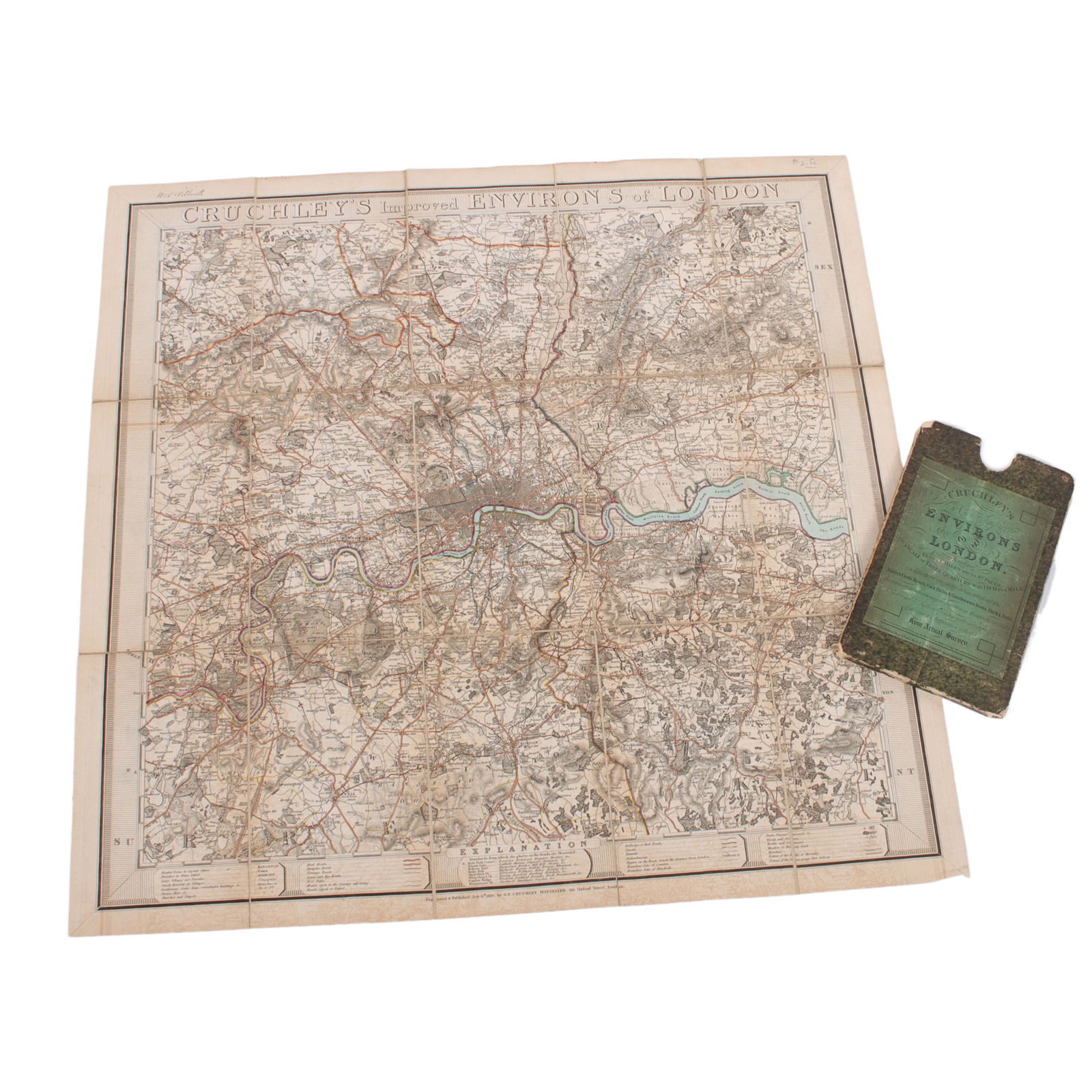 Cruchley's Evirons of London 1823 engraved, hand colored map 24"H x 24"W: Cruchley's Evirons of London 1823 engraved, hand colored map "extending 15-18 miles round St. Paul's on a Scale of Three Quarters of an Inch to a Mile, On which is carefully delineated all the Main &