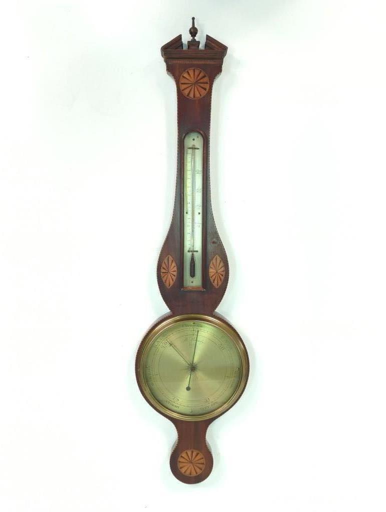 English banjo case Barometer ca.1830 with fine marquetry inlay. 39 1/4"H x 10"W x 2 1/4"D (1 of 10)