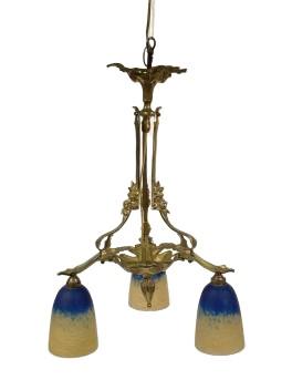 French Art Deco brass chandelier with three Schneider art glass blue to cream mottled shades 24"H x: French Art Deco brass chandelier with three Schneider art glass blue to cream mottled shades Shades marked Schneider 24"H x 14 1/2"W x 14 1/2"D