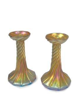 Pair Louis Comfort Tiffany gold favrile art glass twist candlesticks. 7 1/4"H x 4 1/2"Diam. (one) (1 of 9)
