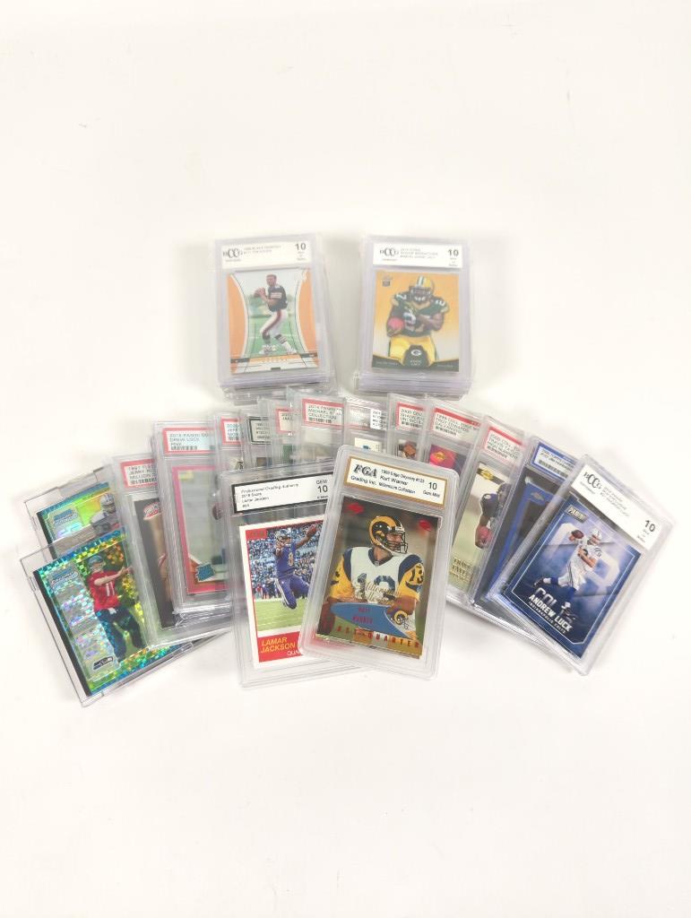 Lot of 28 Professionally Graded & Uncirculated Football Cards: Lot of 28 Professionally Graded & Uncirculated Football Cards The lot includes 26 professionally graded cards and 2 uncircualted cards. Key Cards include: 1955 Bowman Pat Summerall #52 SGC 5, 2008 Top