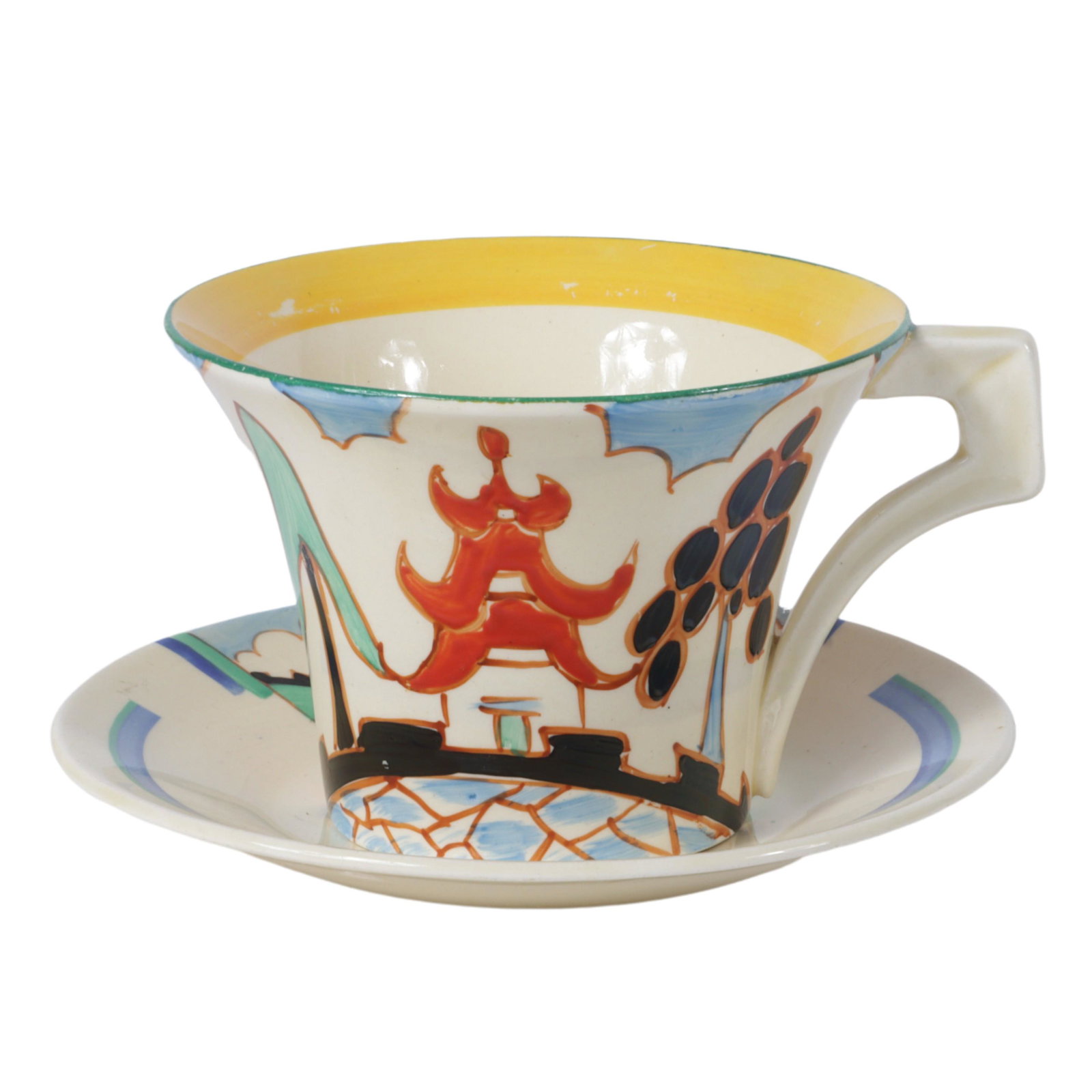Clarice Cliff Bizarre Ware Fantasque "Kew" hand painted cup & saucer 2 3/4"H x 3 5/8"Diam. (cup), (1 of 8)